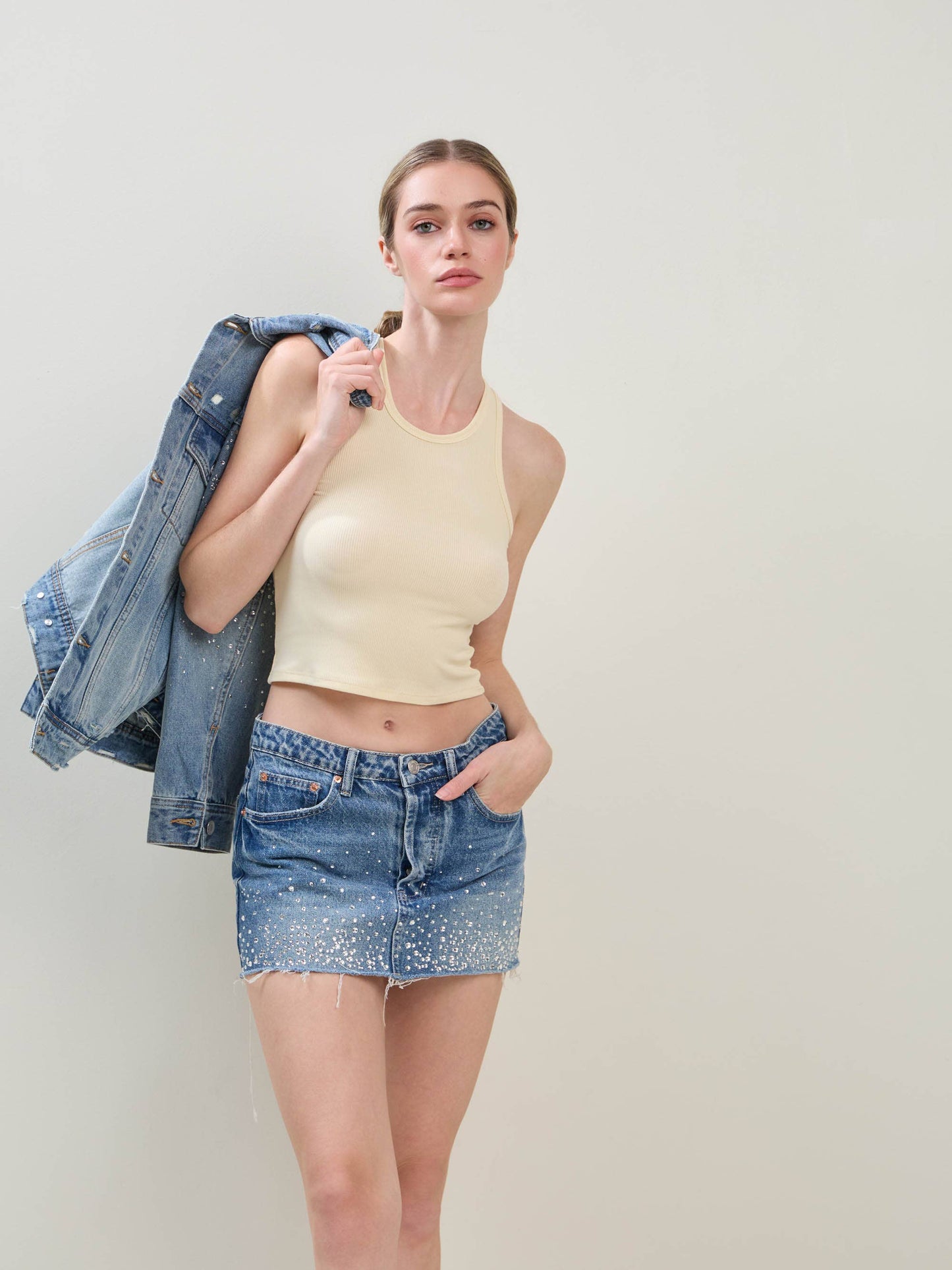 EMBELLISHED RHINESTONE DENIM MINI SKIRT