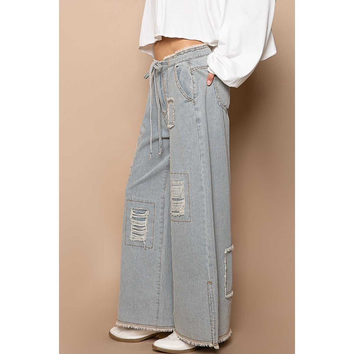 Distressed Lightweight Railroad Stripe Denim Pants w Frayed Edges