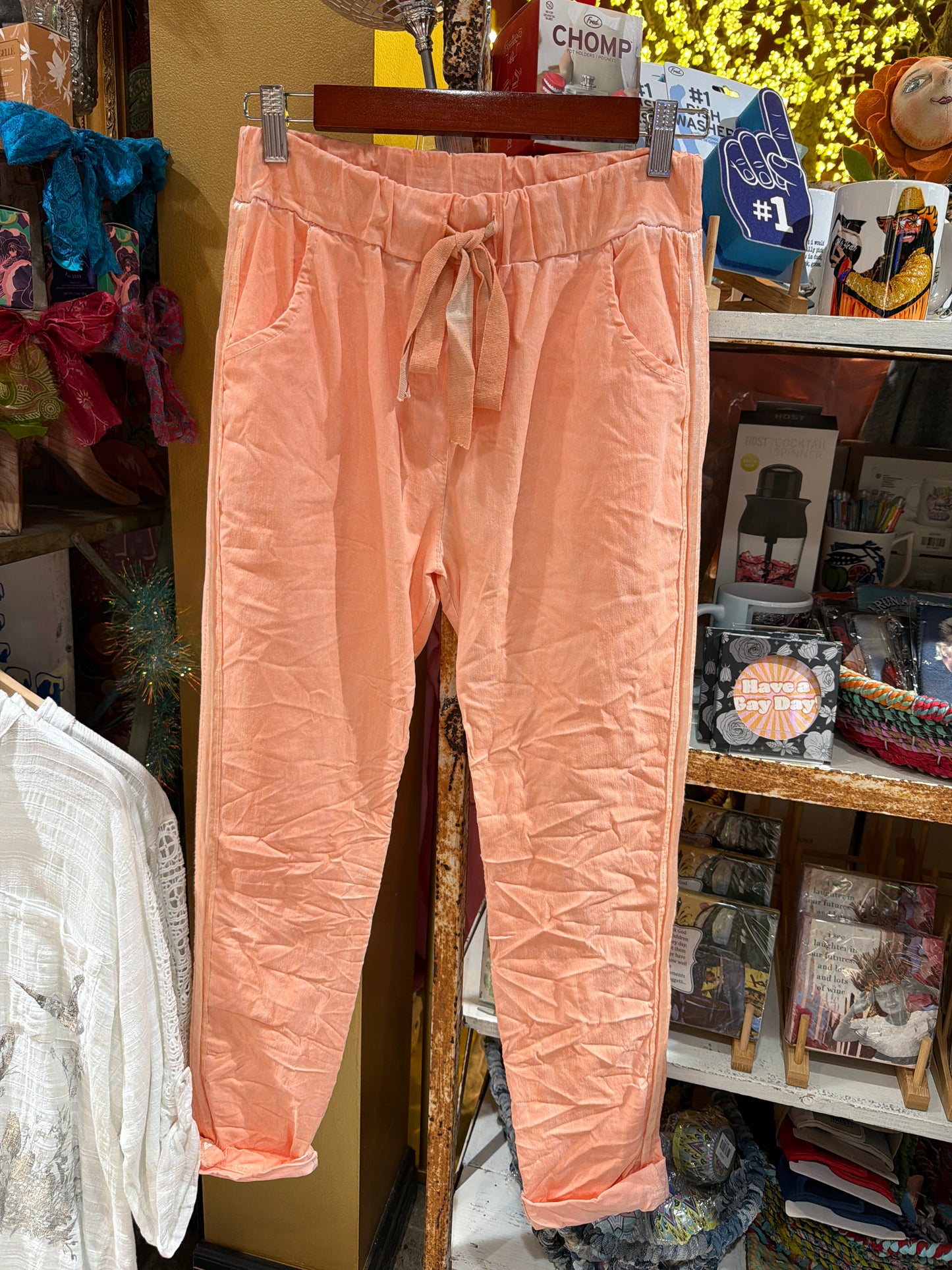 Coral Crinkle Skinny Leg Pants