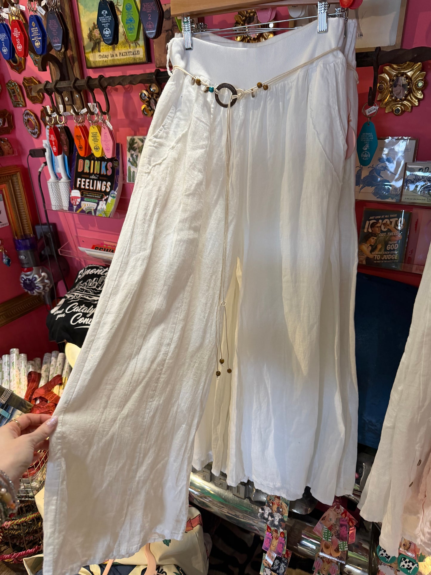 White Palazzo Pant with Beaded Belt