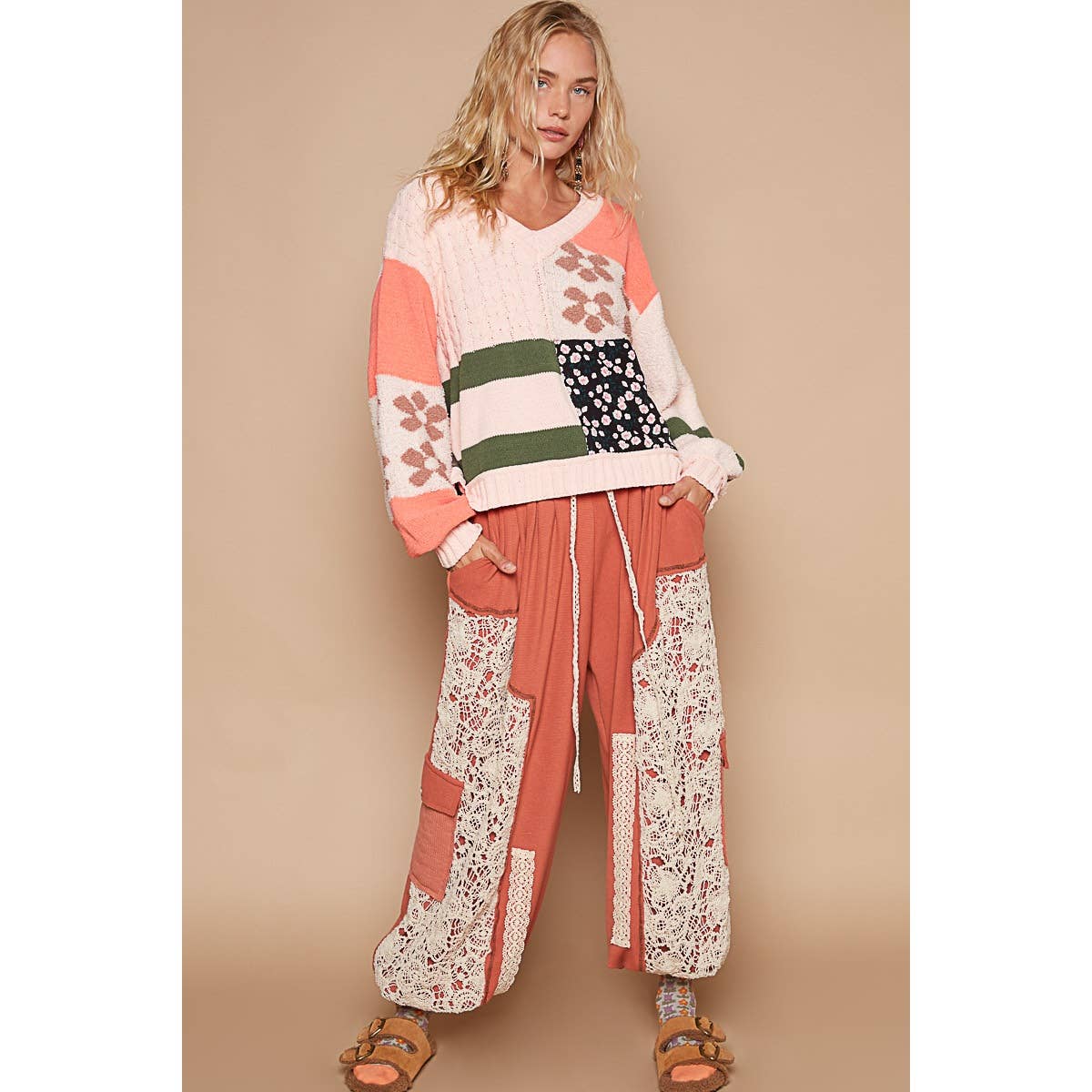Coral and Green V-neck balloon sleeve color block floral sweater