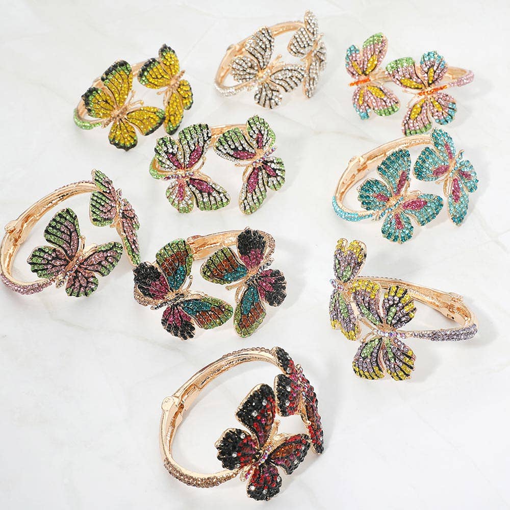 Rhinestone Embellished Double Butterfly Hinged Bangle Bracelet
