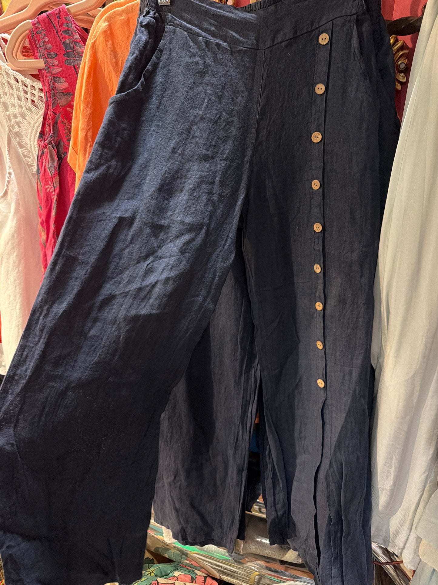 Navy Linen Palazzo Pants with Buttons