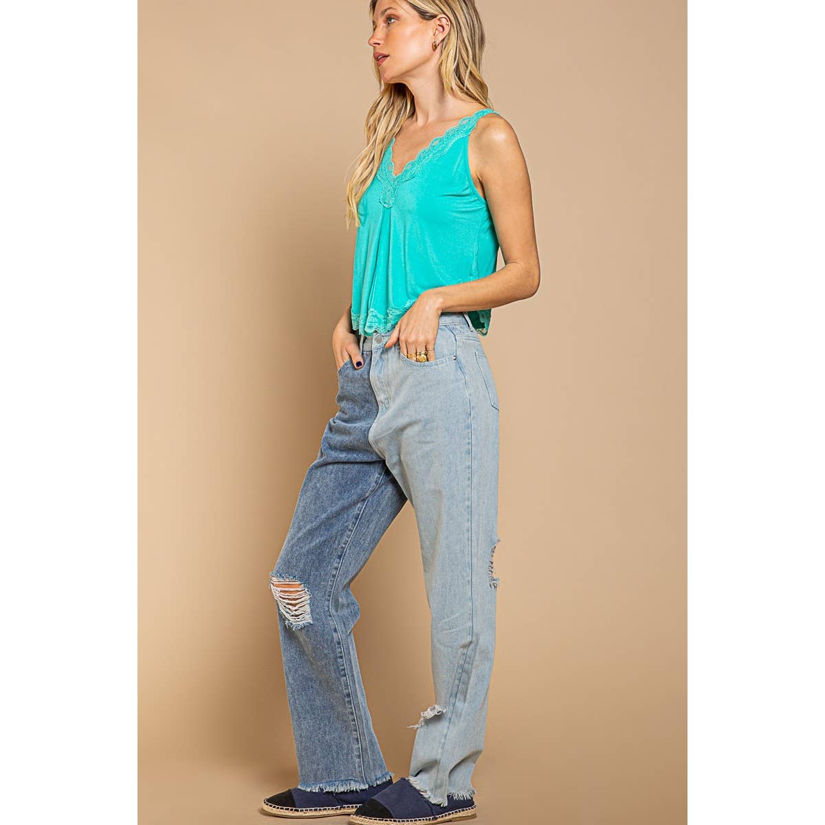 Distressed Edge Color Block Denim Pants