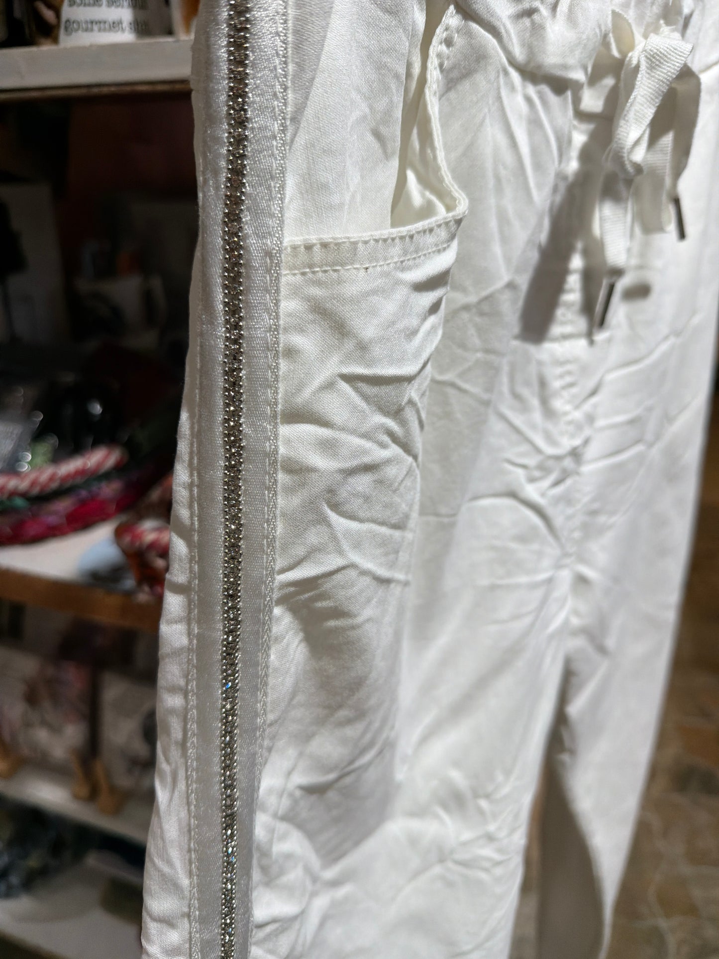 White Rhinestone Crinkle Skinny Leg Pants
