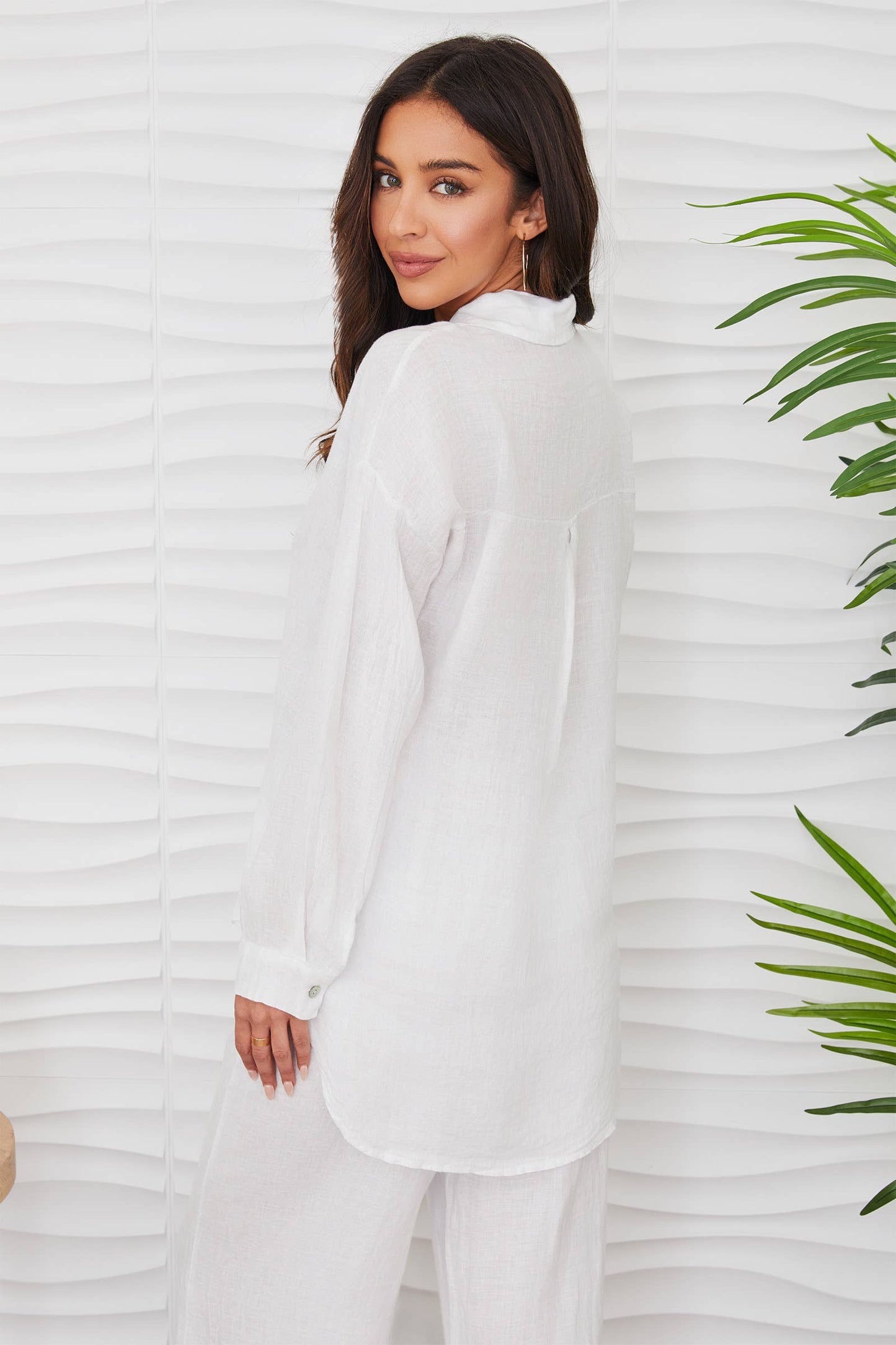 White Linen Long Sleeve Hi Low Button Up