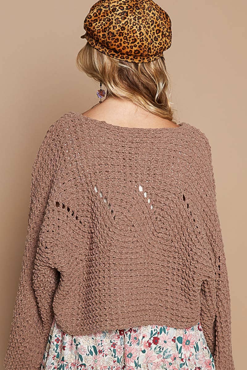 Chocolate Round neck semi cropped chenille solid sweater