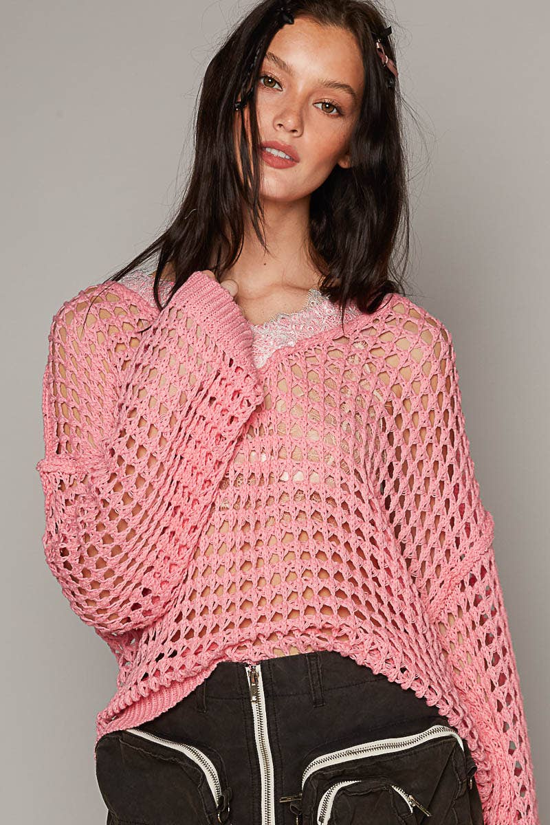 Barbie Pink V-Neck Long Sleeve Crochet Light Weight Sweater