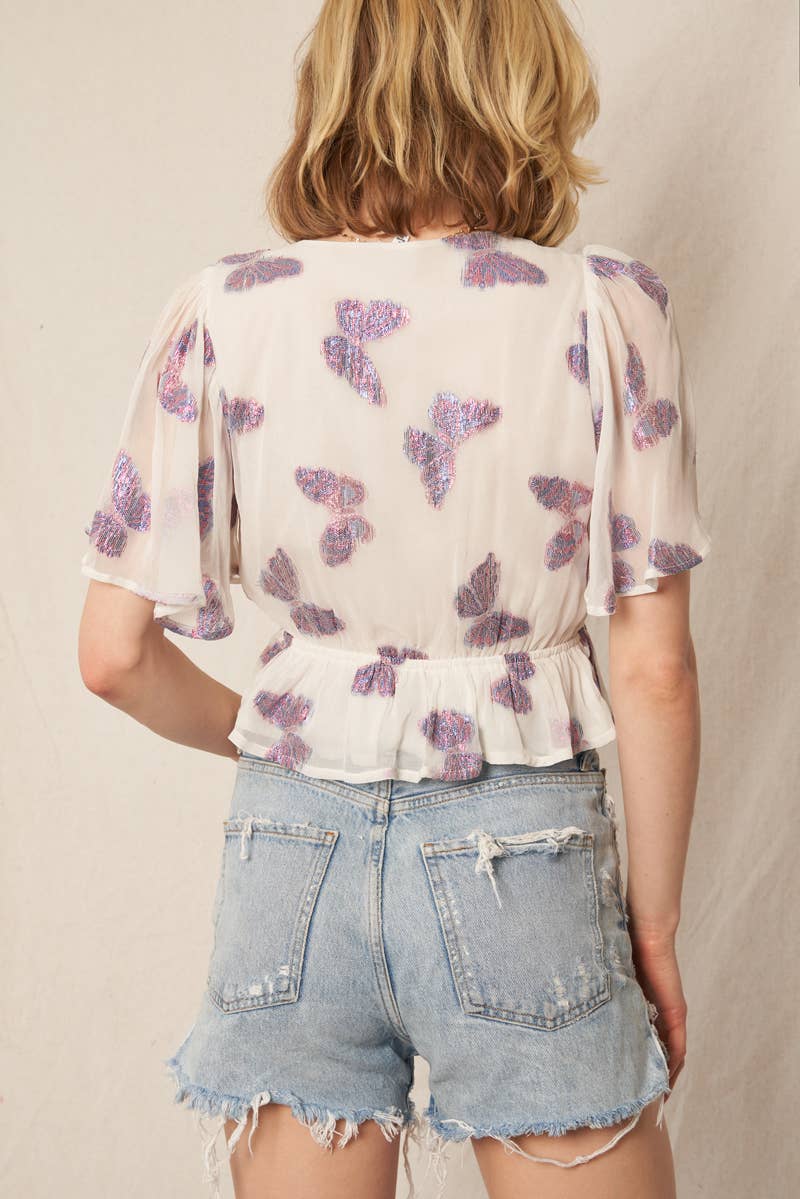 Metallic Butterfly Flutter Sleeve V-Neck Top