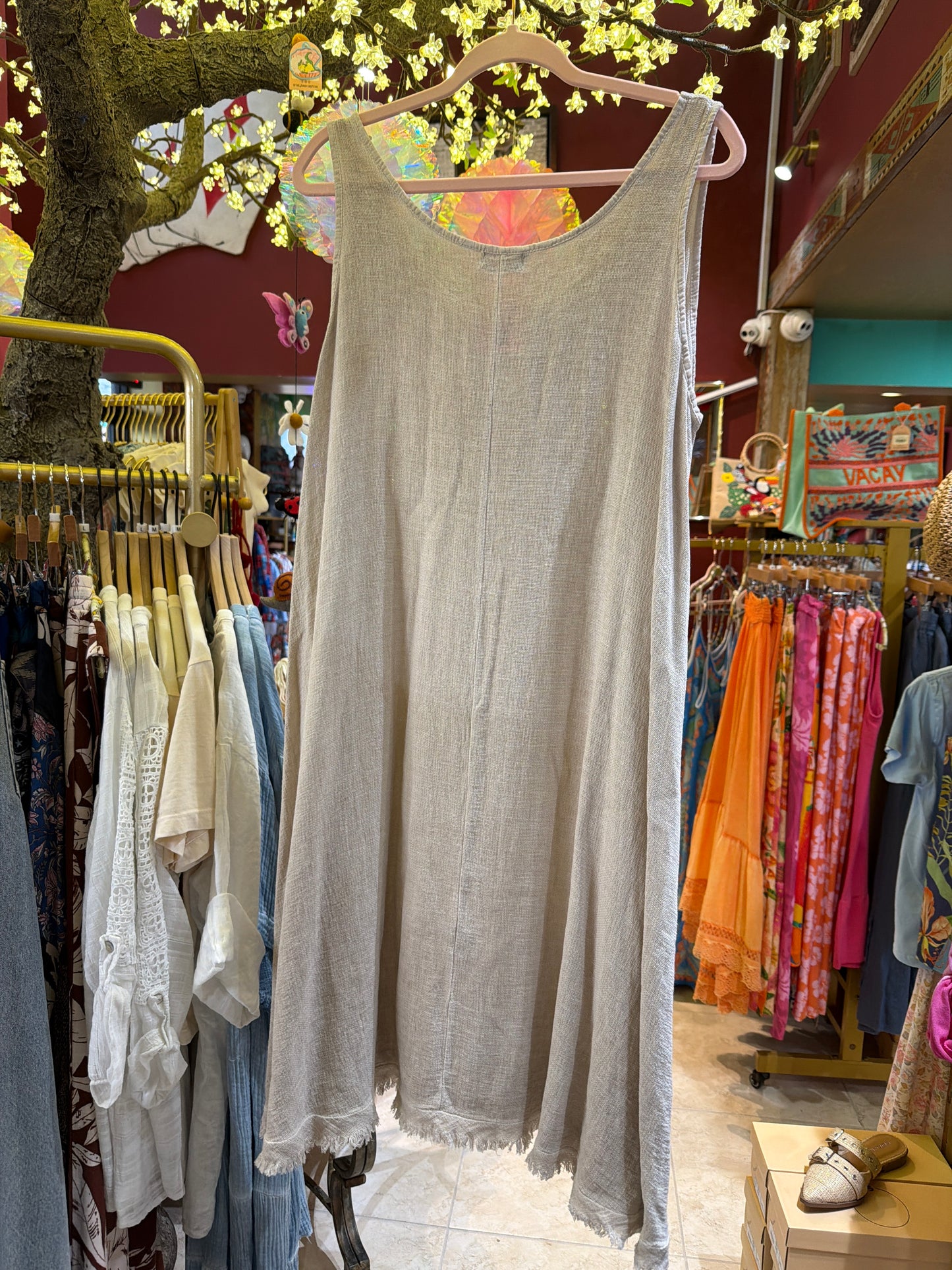 Beige Cotton Gauze Sleeveless Tank Dress