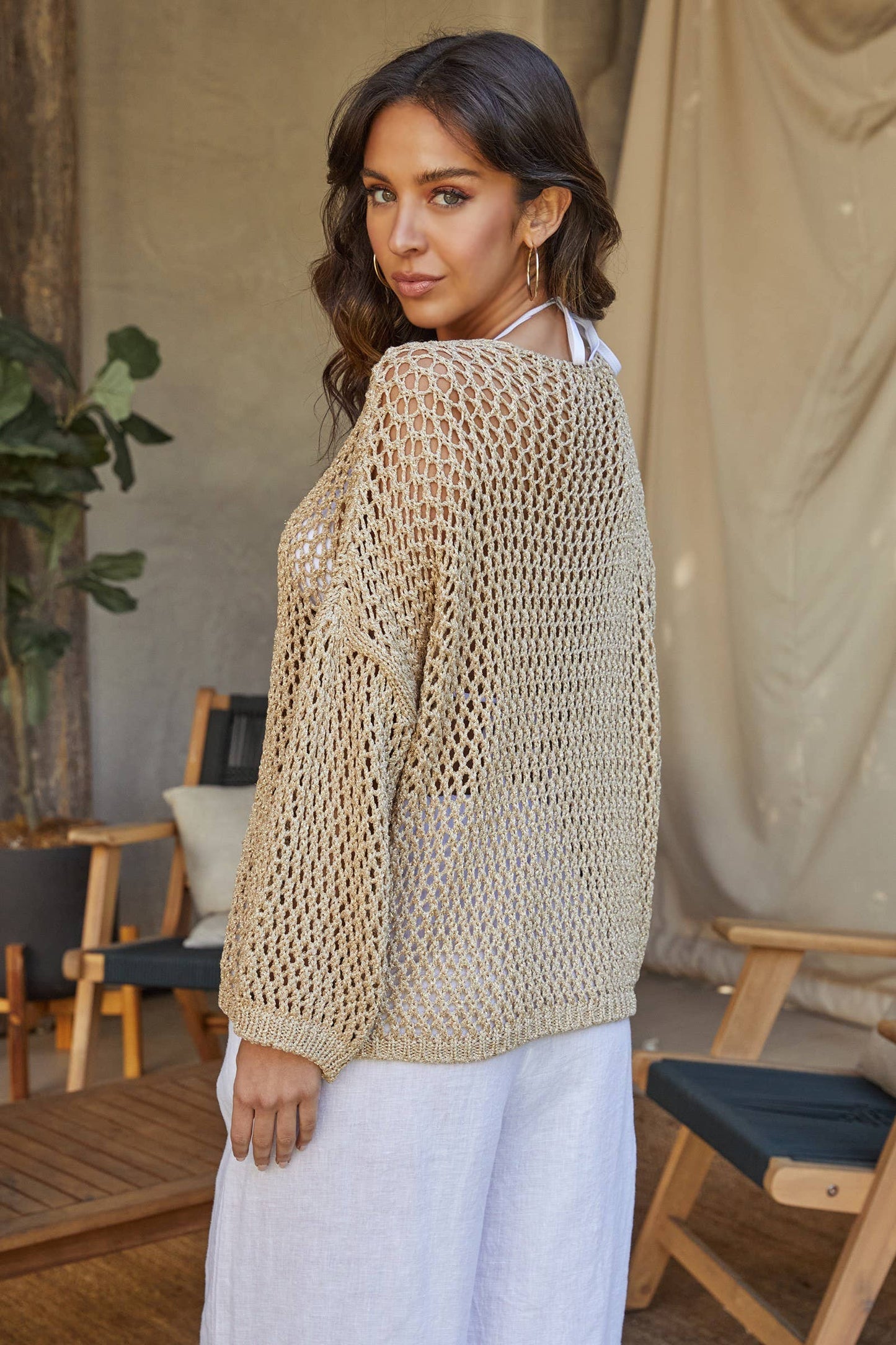 Metallic Gold Star Crochet Long Sleeve Top