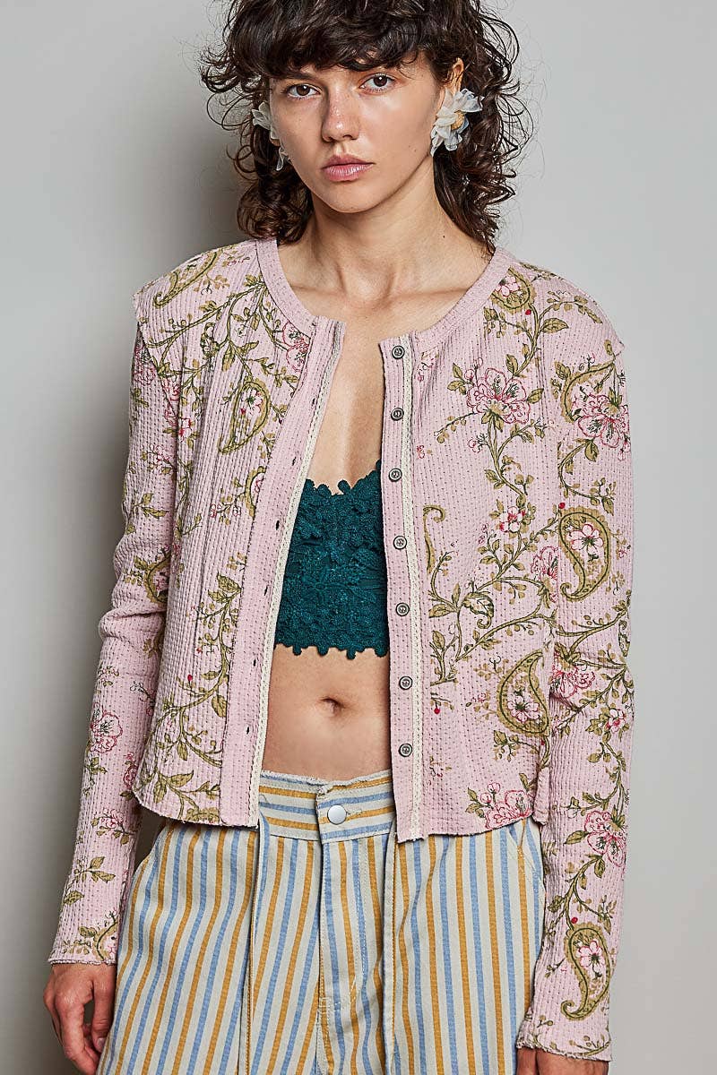 Vintage Floral Botanical Print Ribbed Knit Button Cardigan