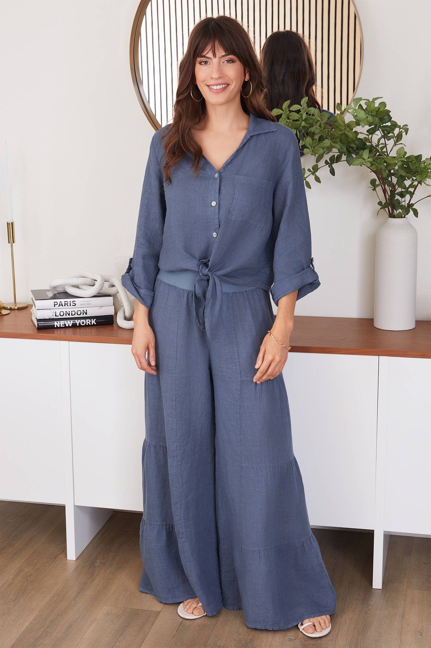 DENIM BLUE LINEN TIERED PALAZZO PANT