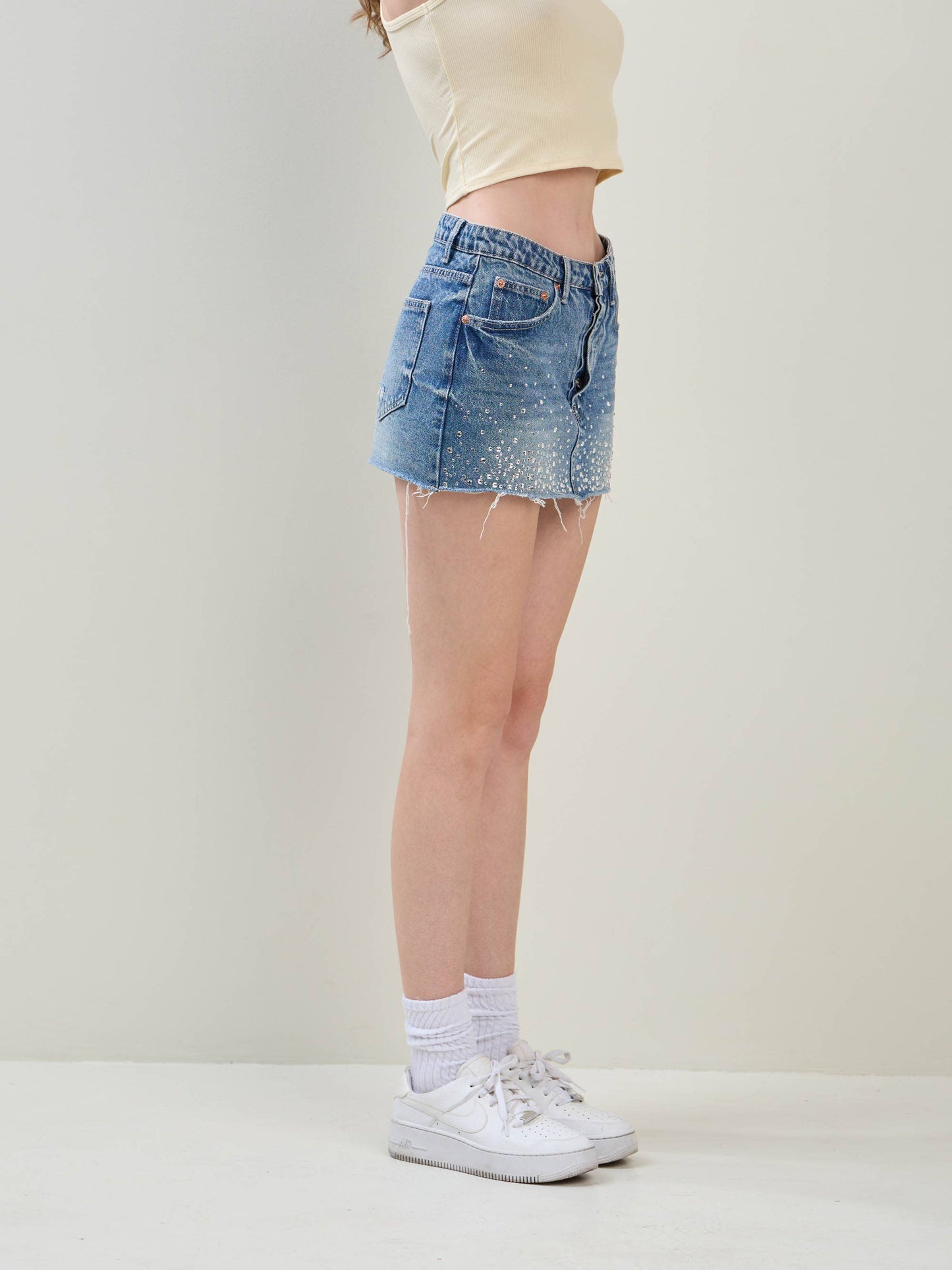 EMBELLISHED RHINESTONE DENIM MINI SKIRT