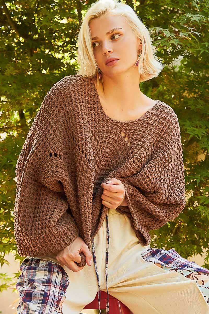Chocolate Round neck semi cropped chenille solid sweater