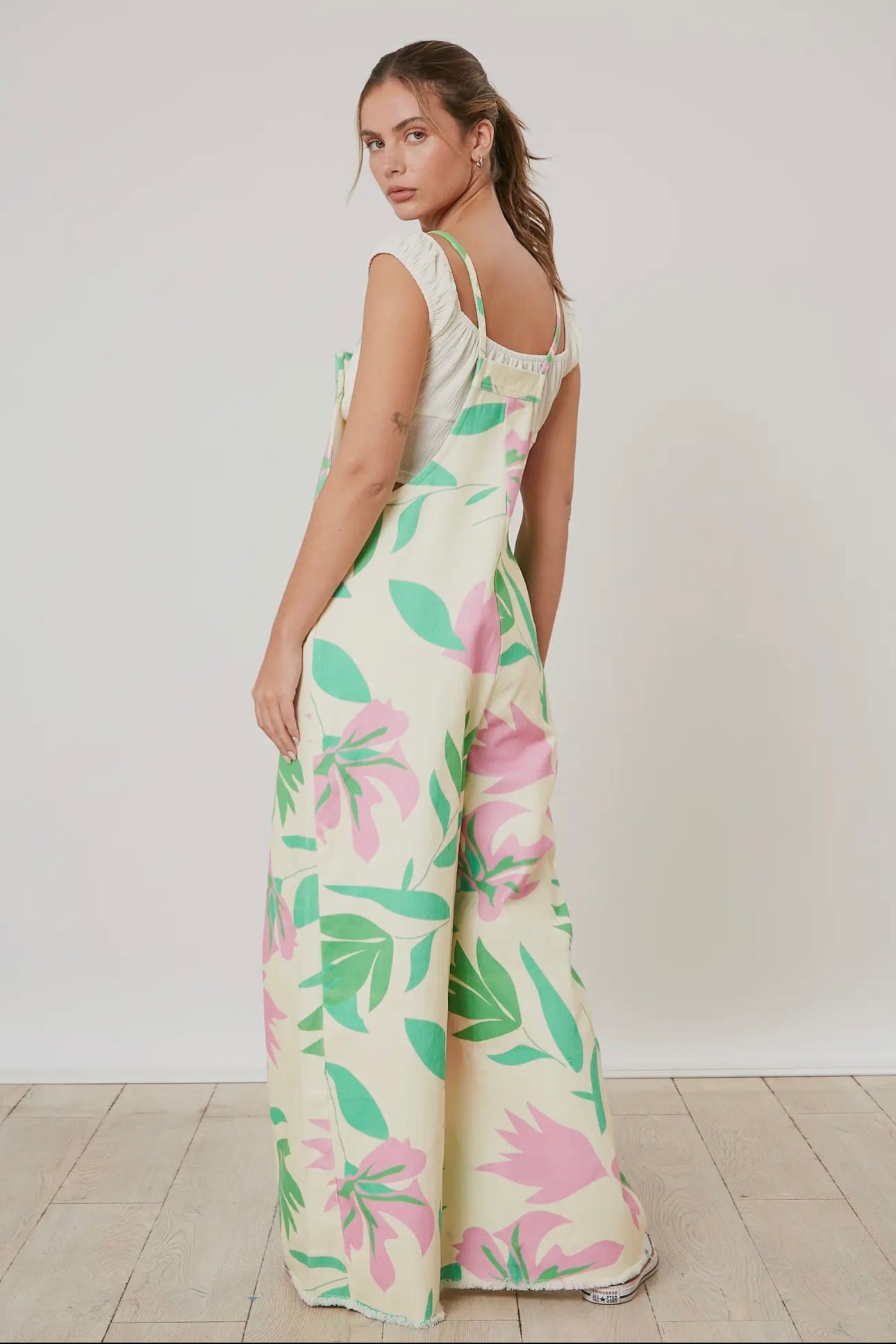 Tropical Print Denim Jumpsuit Overalls
