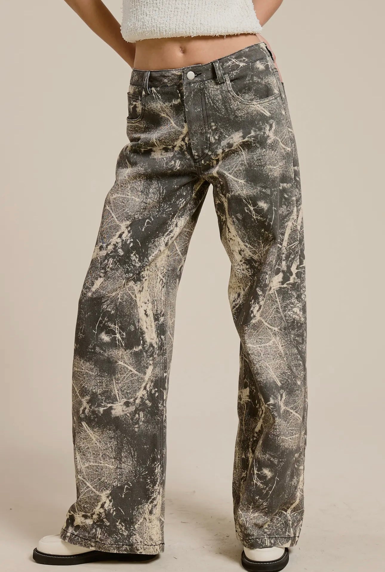 Grunge Splatter Print Wide Leg Denim Jean Pants