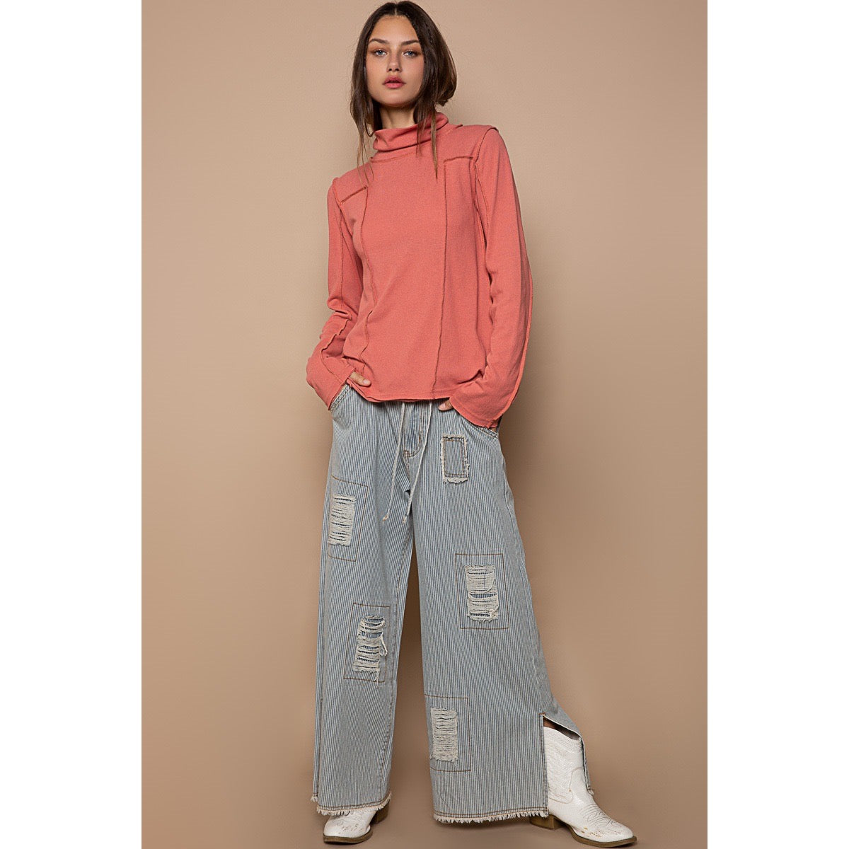 Distressed Lightweight Railroad Stripe Denim Pants w Frayed Edges