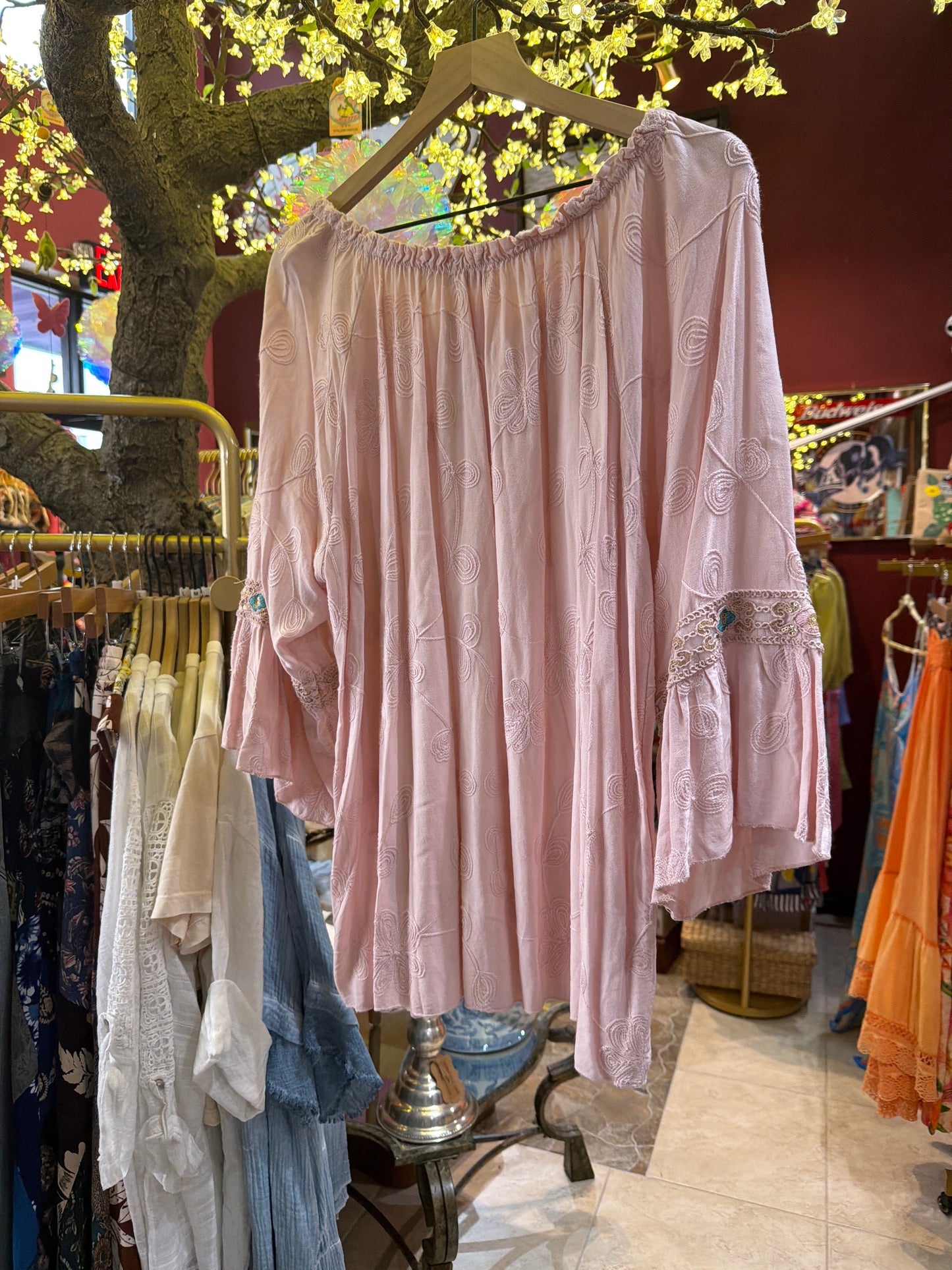 Pink runched boho long blouse