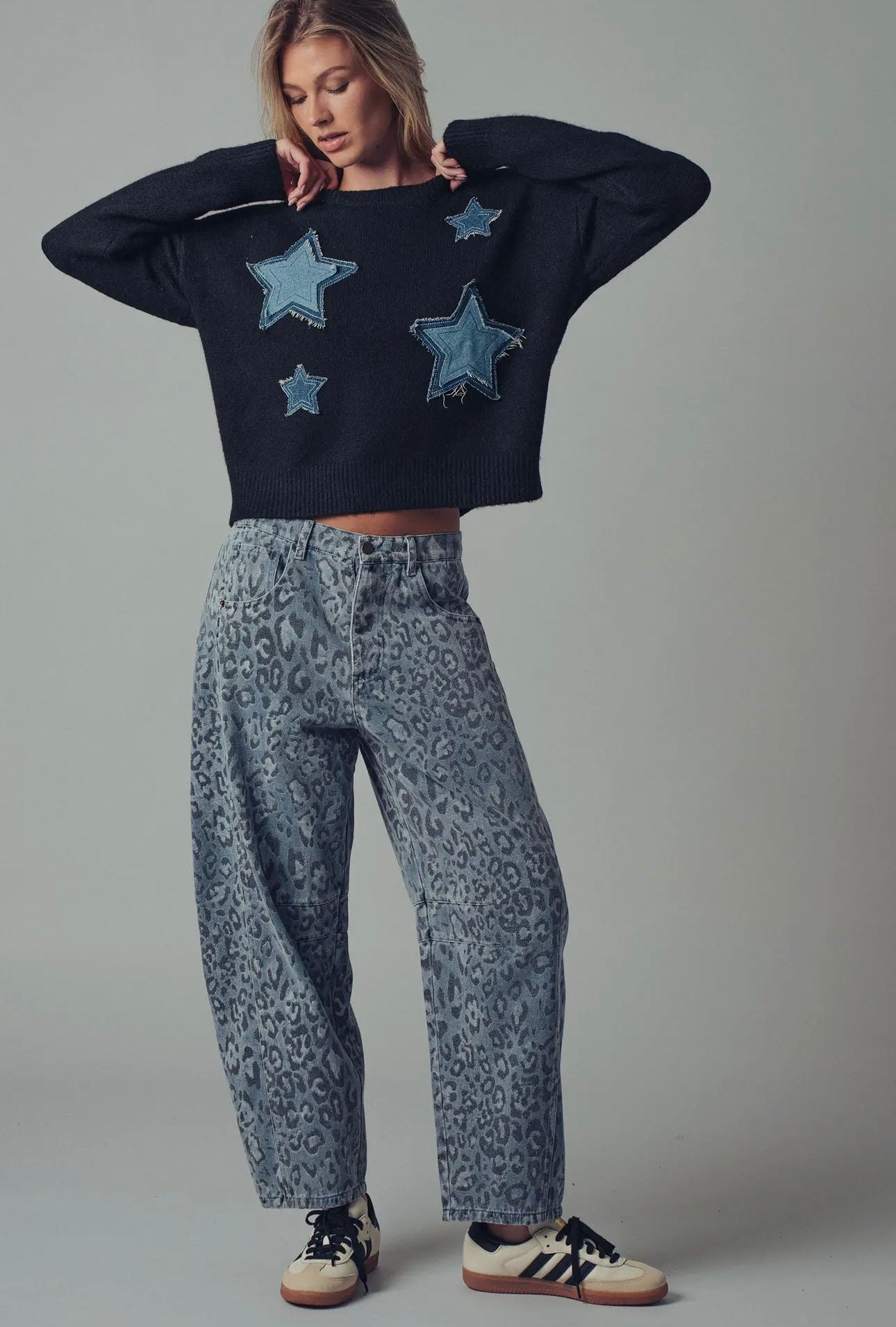 Blue Leopard Print Denim Barrel Jeans
