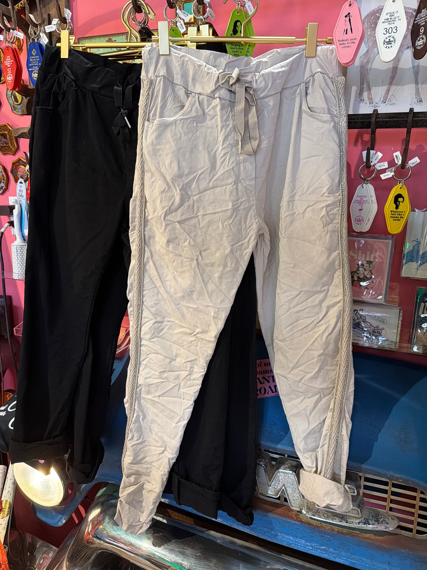 Grey Khaki Rhinestone Crinkle Skinny Leg Pants
