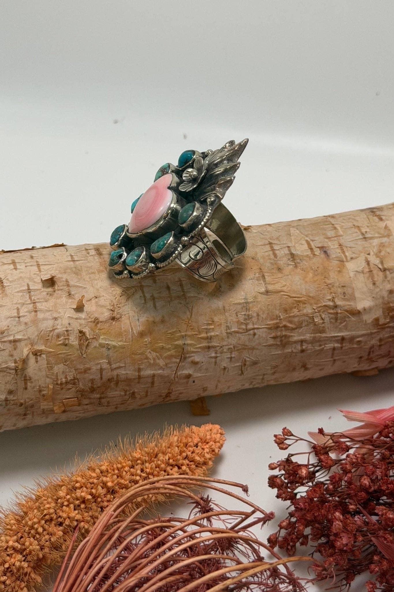 Flaming Heart in Pink Shell & Turquoise Ring