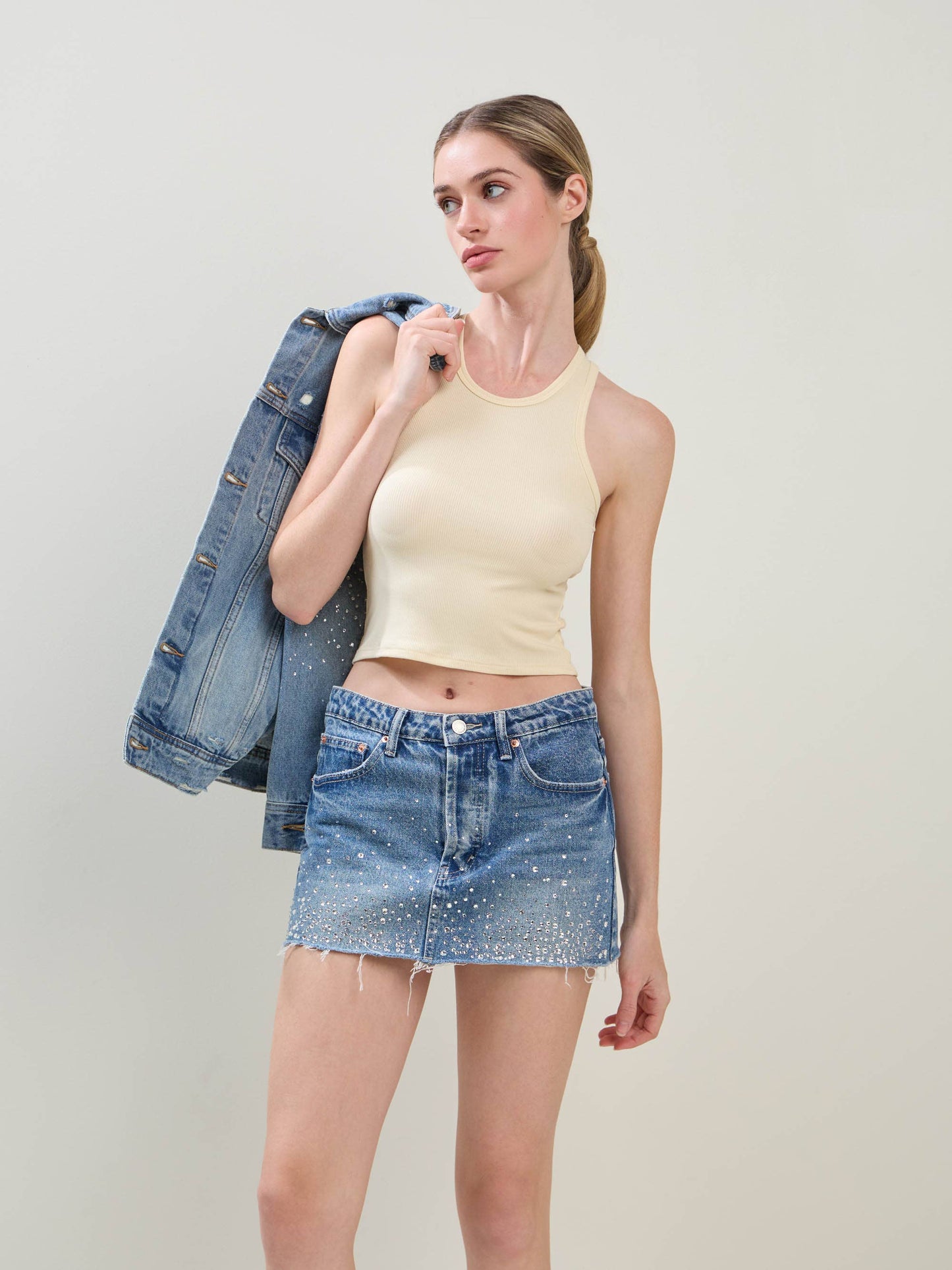 EMBELLISHED RHINESTONE DENIM MINI SKIRT
