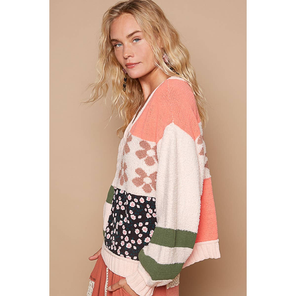 Coral and Green V-neck balloon sleeve color block floral sweater
