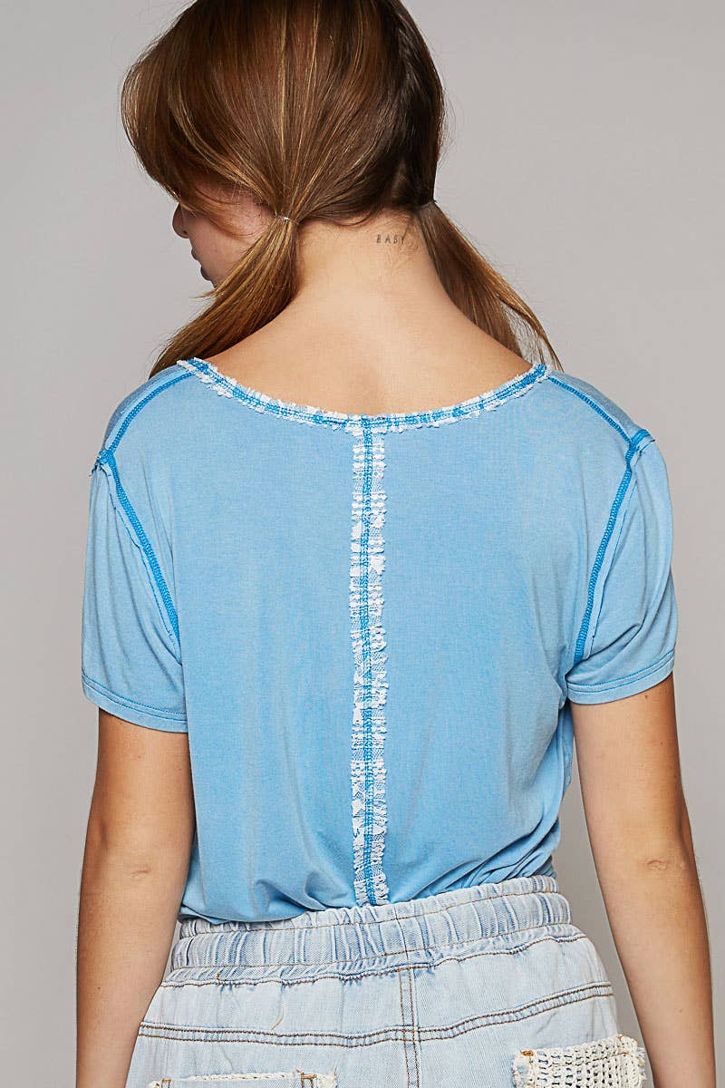 V-neck short sleeve button placket lace trim basic knit top: PACIFIC BLUE