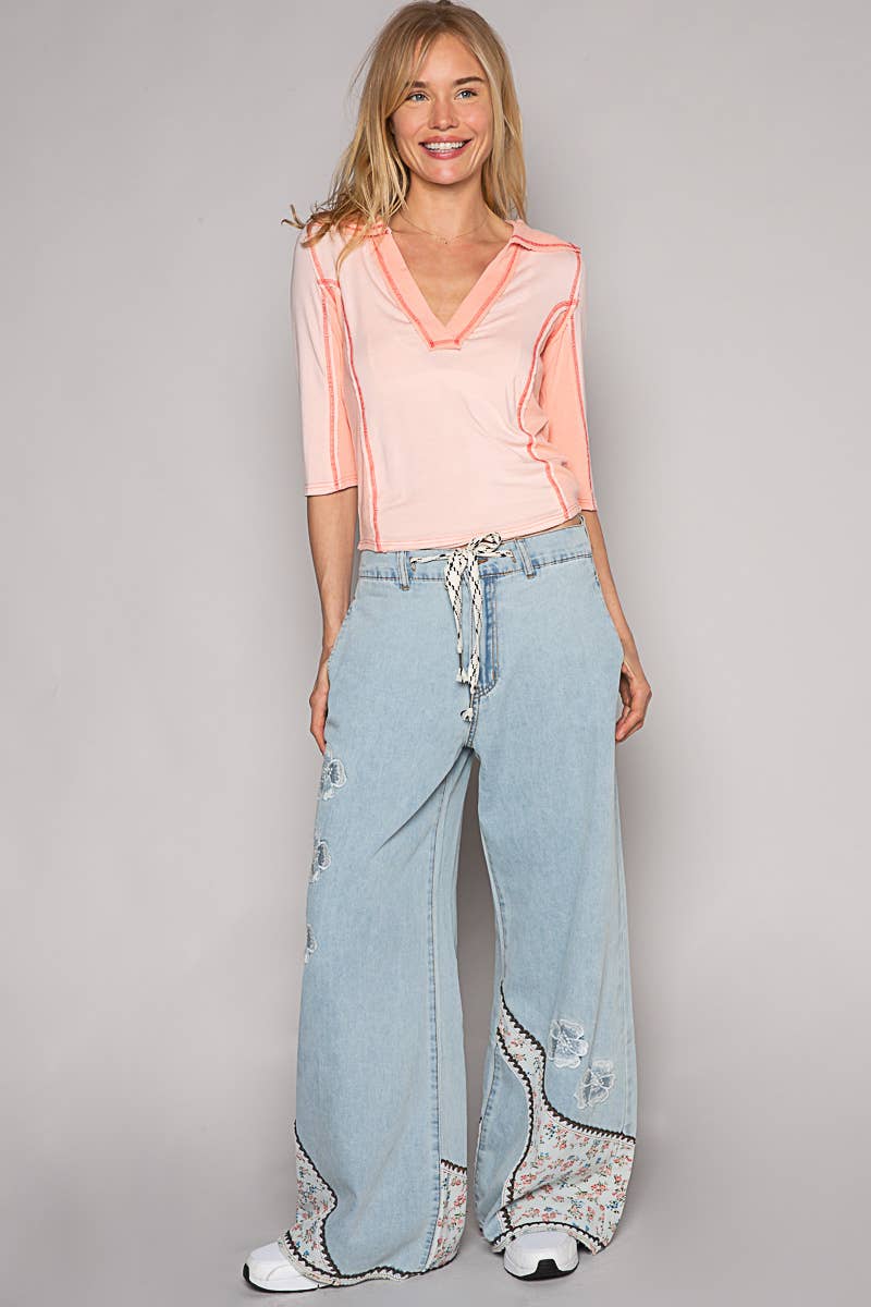 Peach Blush V-neck Collar Half Sleeve Overlock Stitch Solid Knit Top
