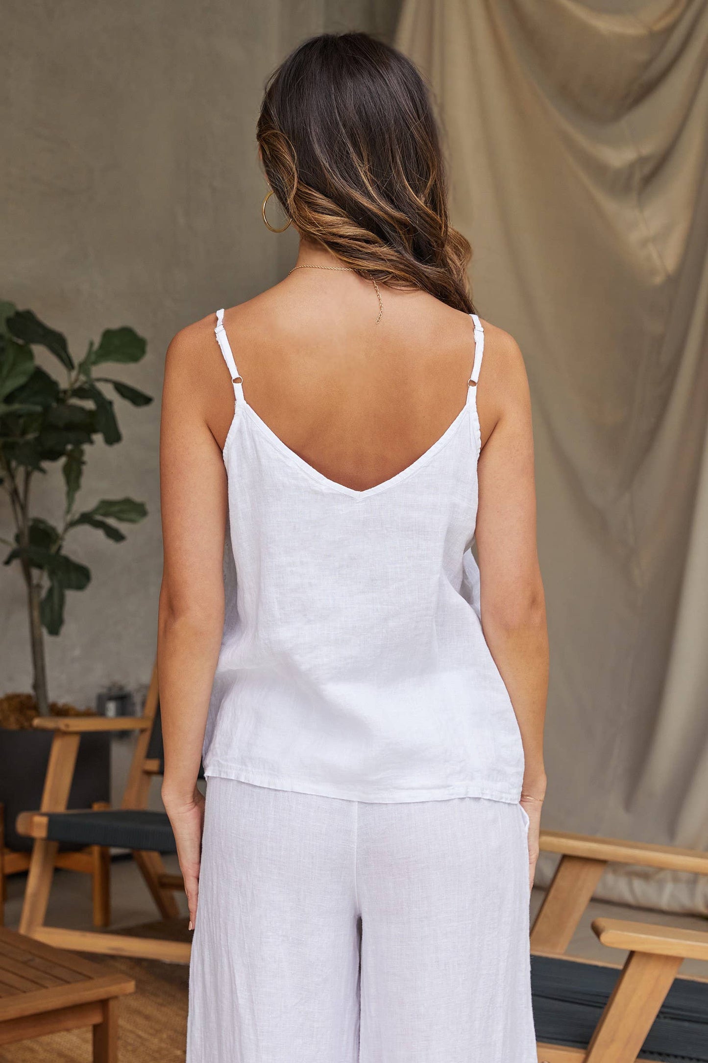 White Linen Camisole Tank Top with Lace Trim
