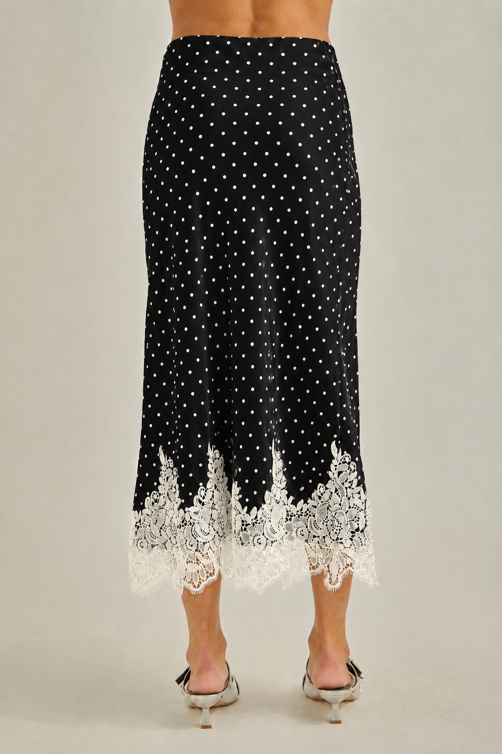 Polkadot with lace hem fit & flare bias midi skirt