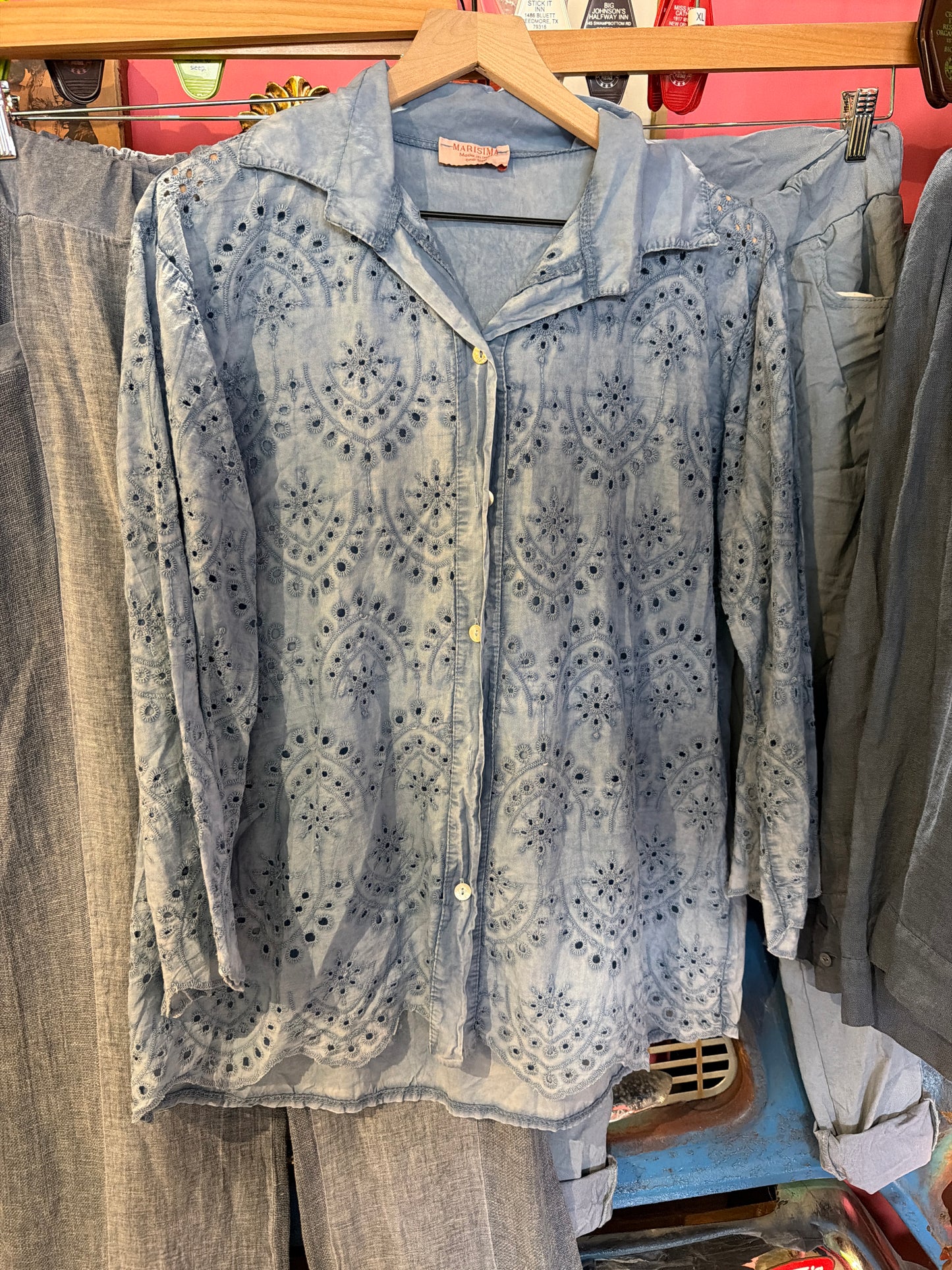 Slate Blue Eyelet Button Up