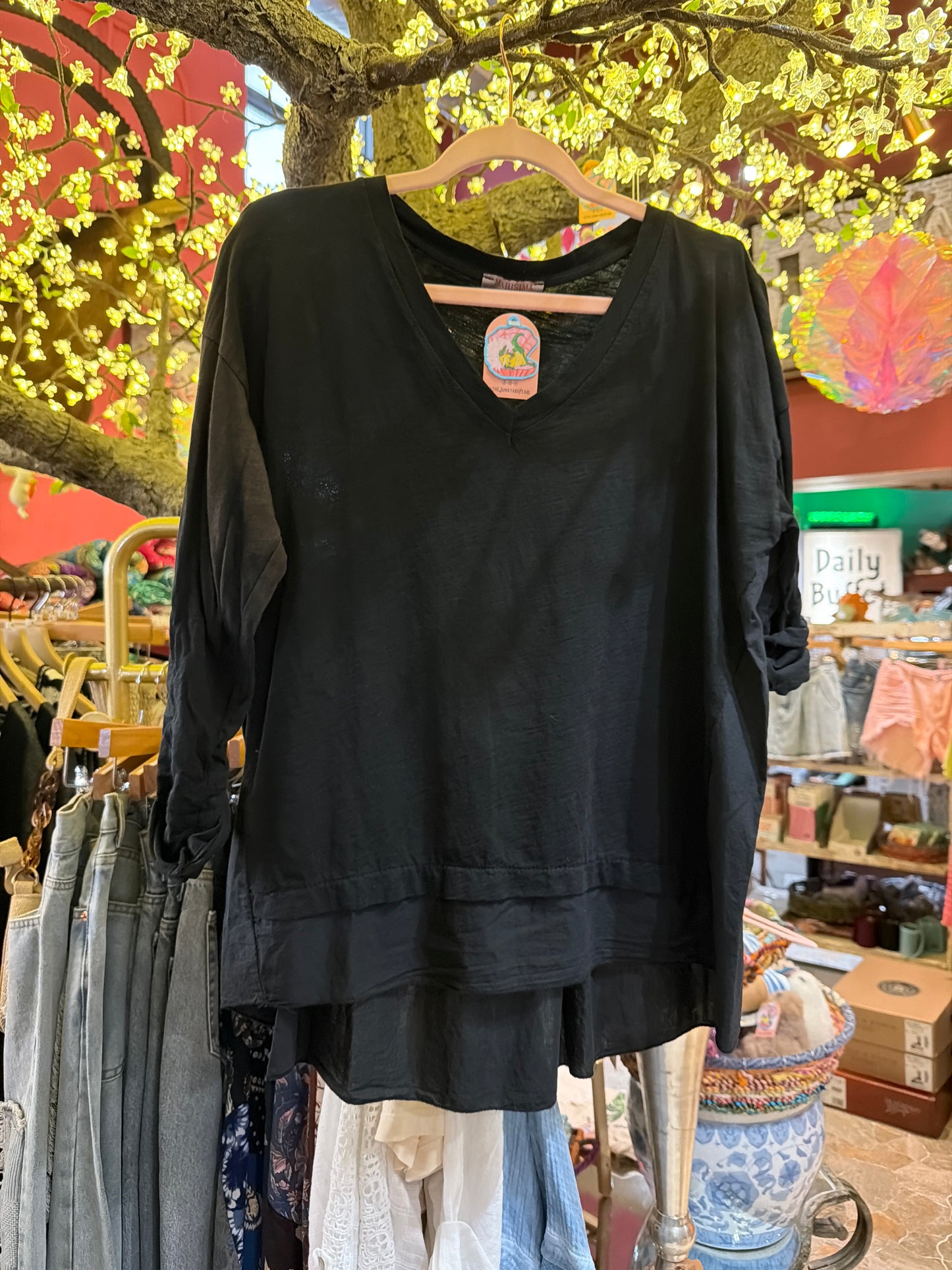 Black faded sleeve V-Neck Cotton hi-low long sleeve top