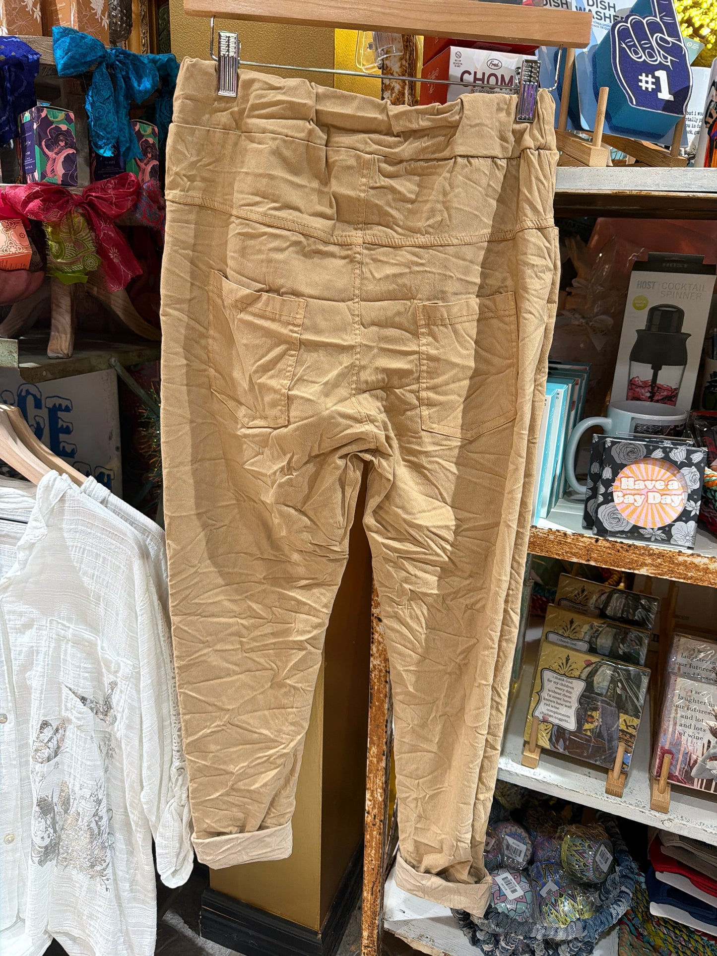 Brown Khaki Crinkle Skinny Leg Pants