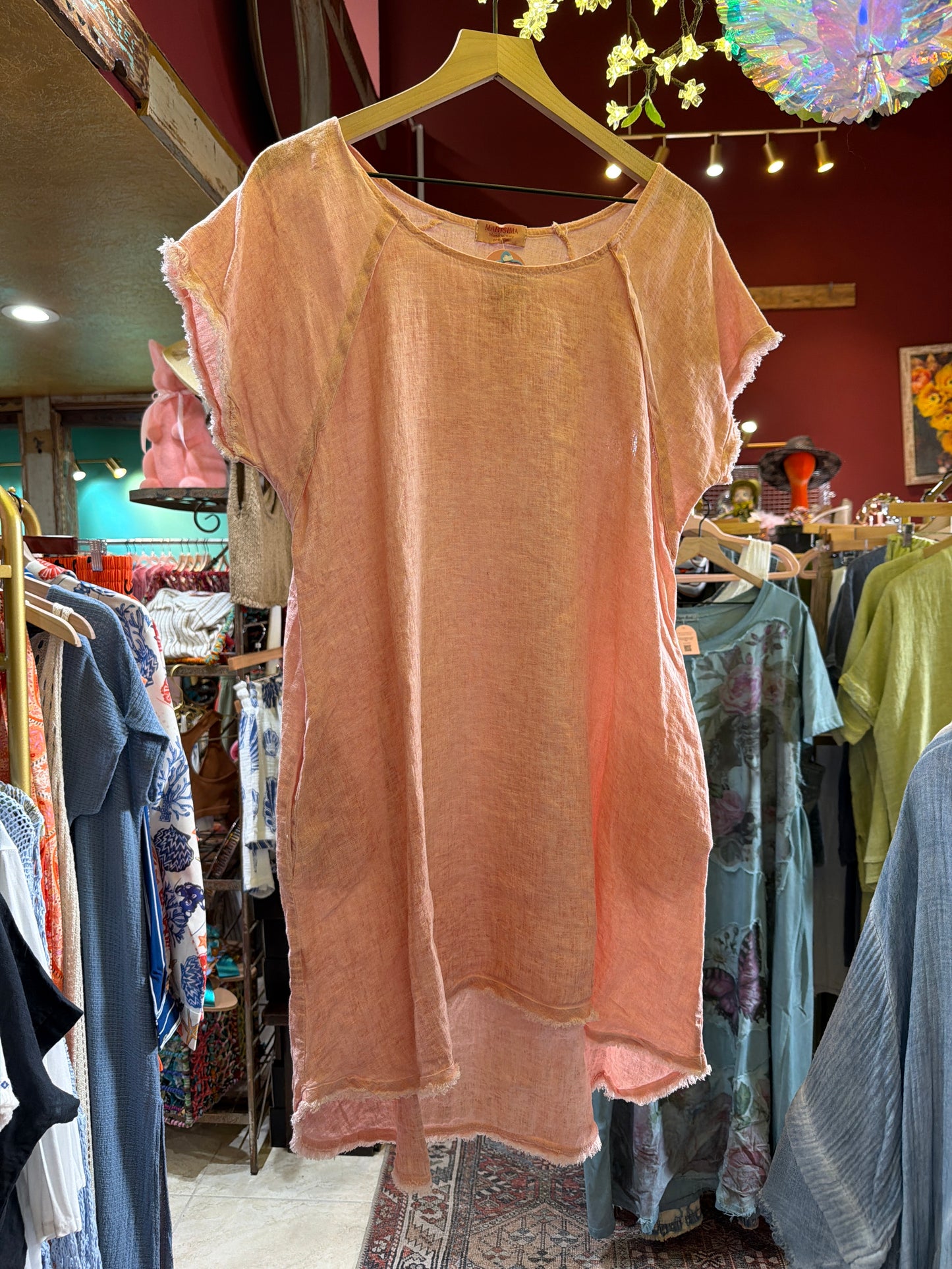Peach Linen Capped Sleeve Dress