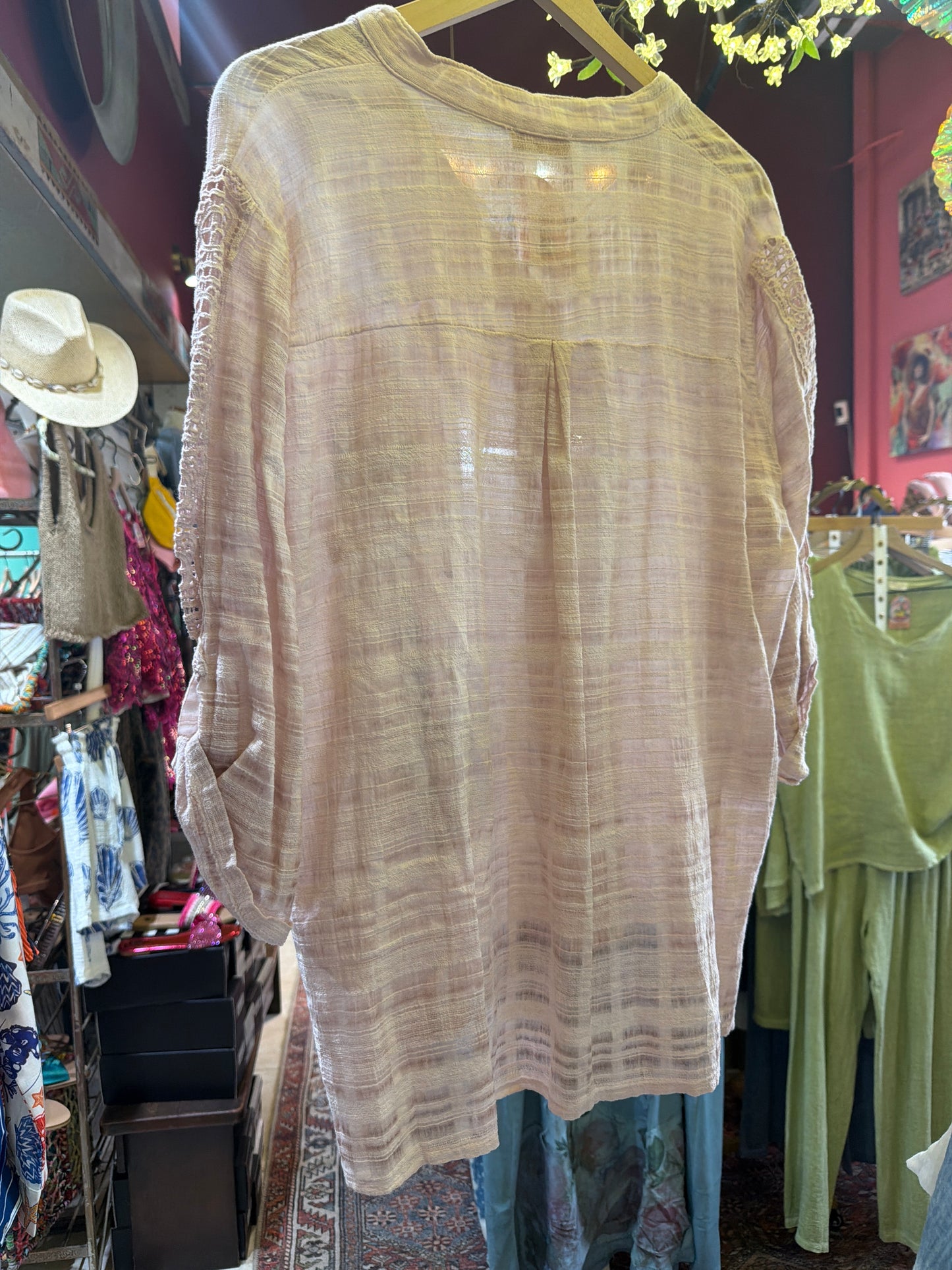 Blush pink button up with metallic butterfly and eyelet sleeves