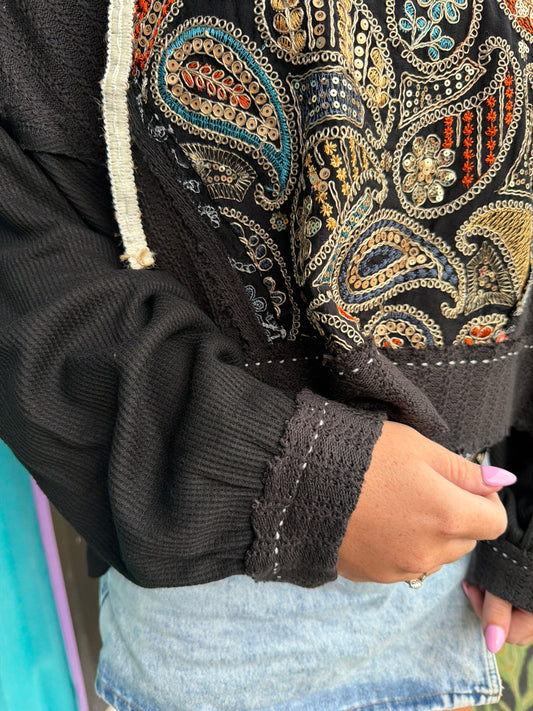 RESTOCK SHIP AUGUST 5-18 Black Paisley Hooded Sequined Jacket