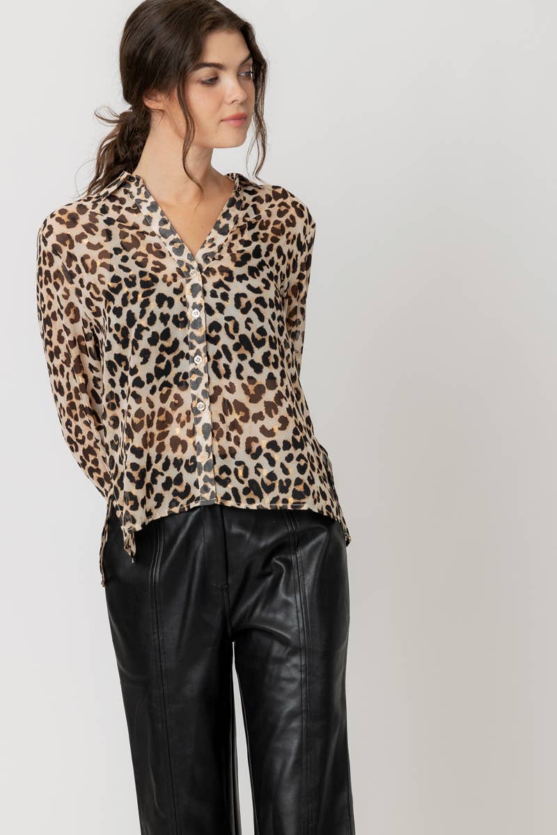 Sheer Leopard Print Button Down Blouse with Lurex