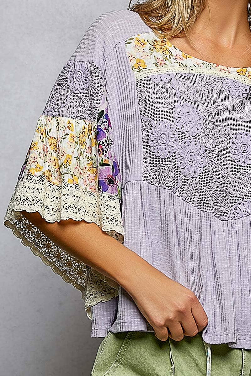 Rib Floral Pattern Round Neck Short Sleeve Top
