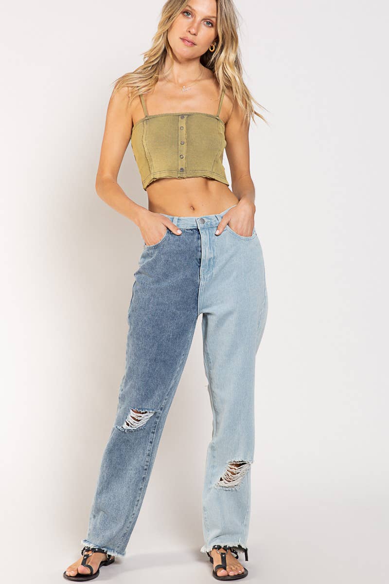 Distressed Edge Color Block Denim Pants