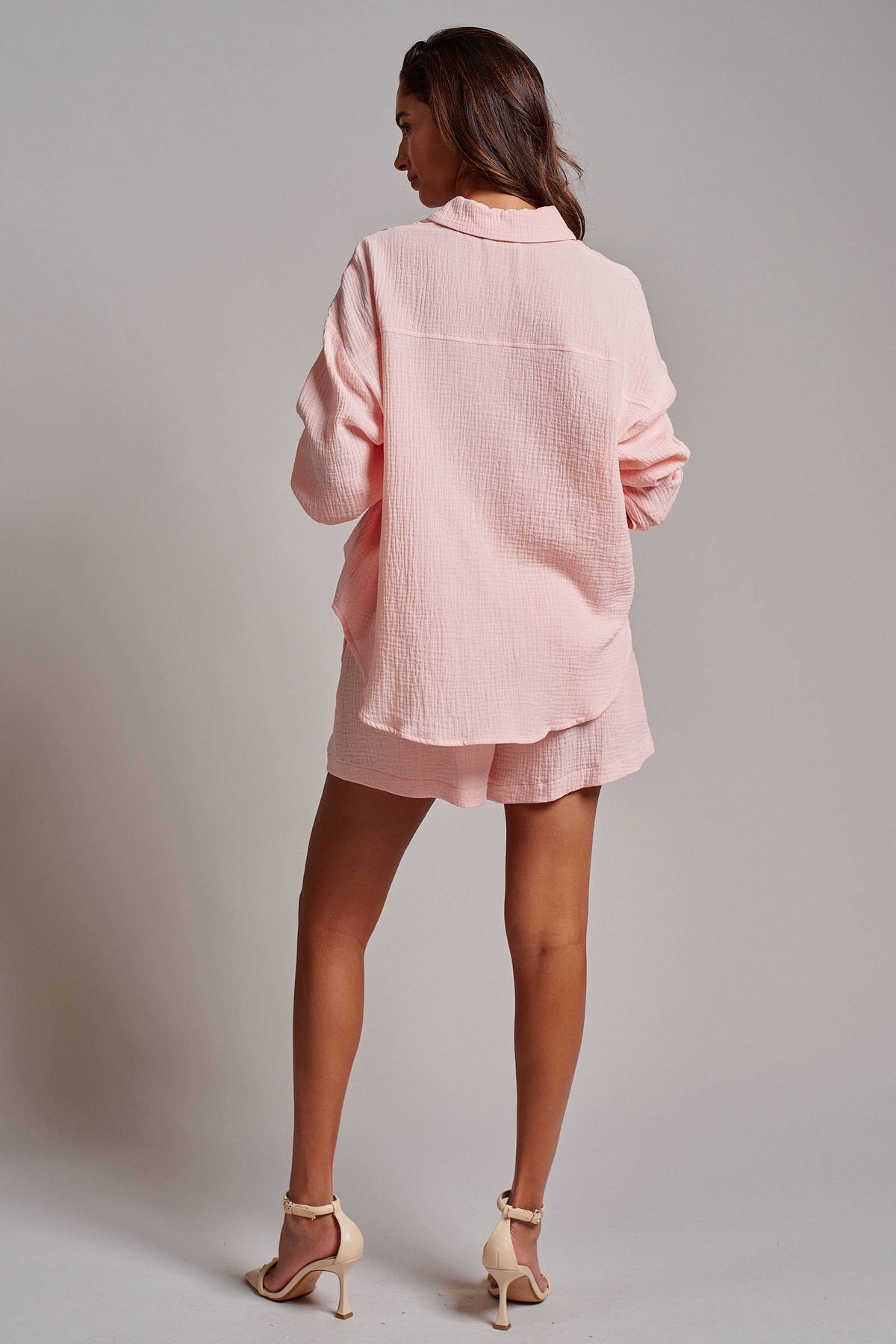 Pink Crinkle Cotton Gauze Resort Button-Up Set