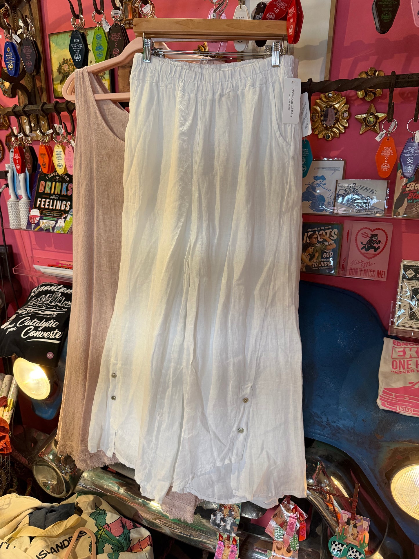 White Linen Palazzo Pants with Buttons on ankle