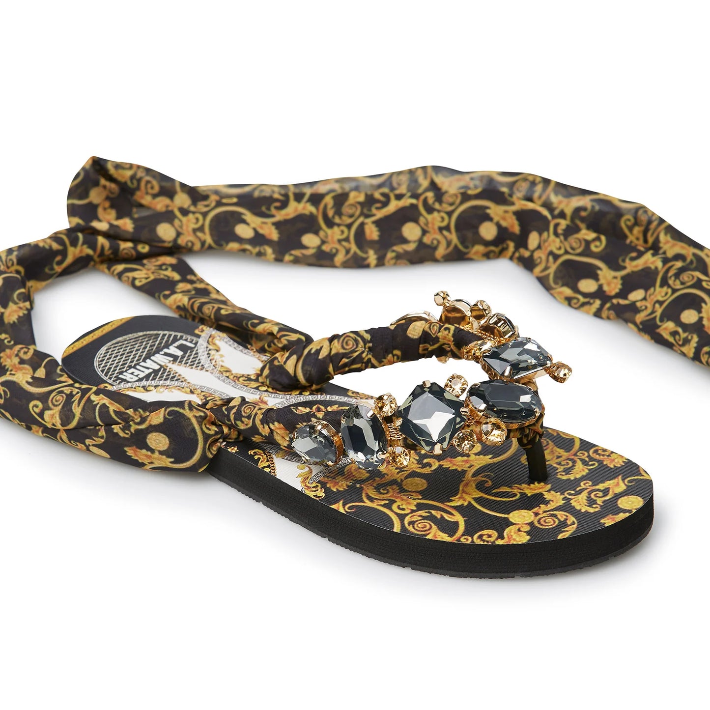 BLACK FOULARD BAROQUE SANDALS