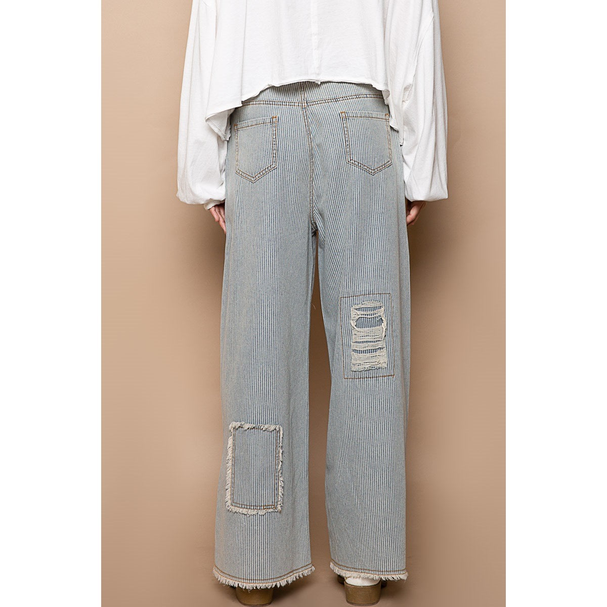 Distressed Lightweight Railroad Stripe Denim Pants w Frayed Edges