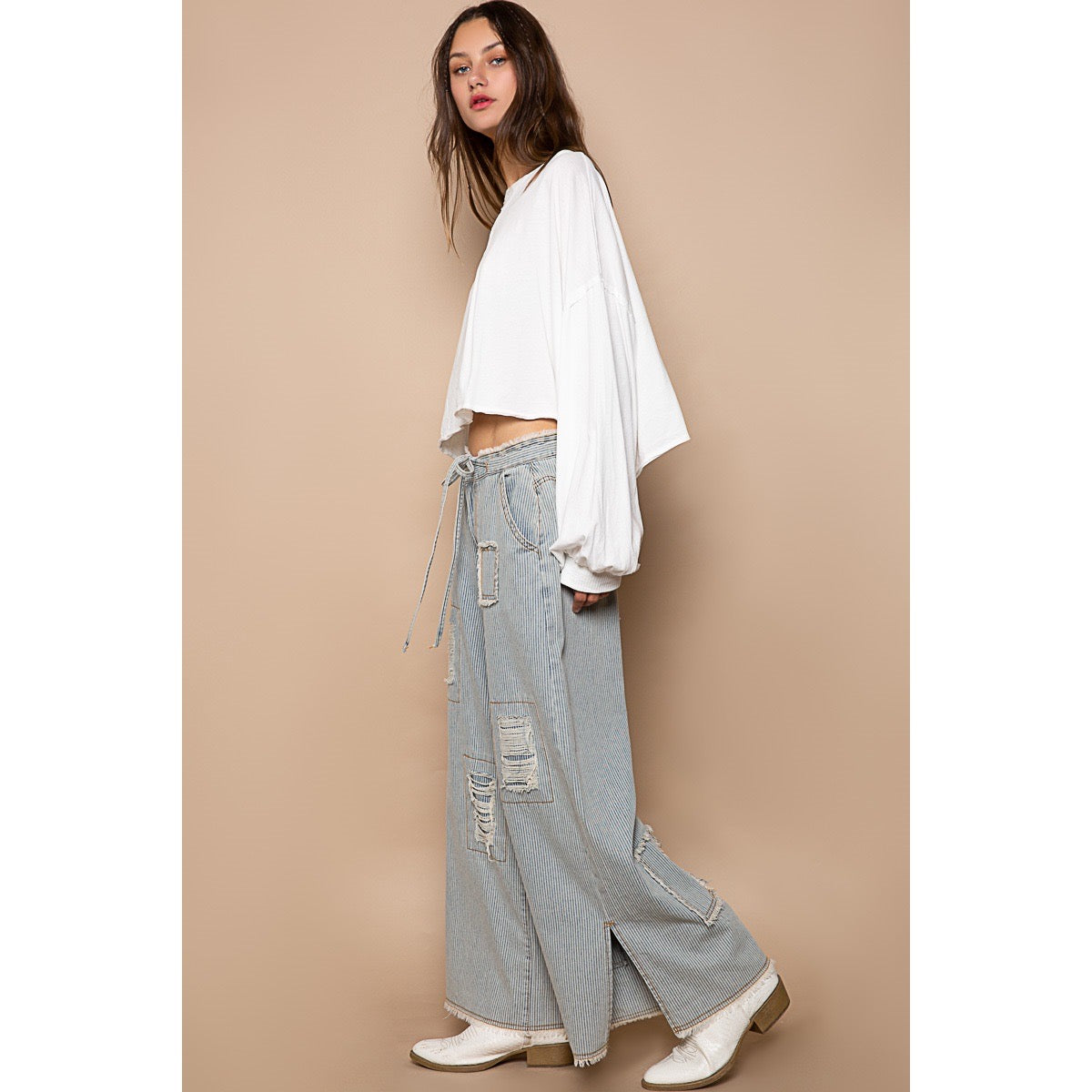 Distressed Lightweight Railroad Stripe Denim Pants w Frayed Edges