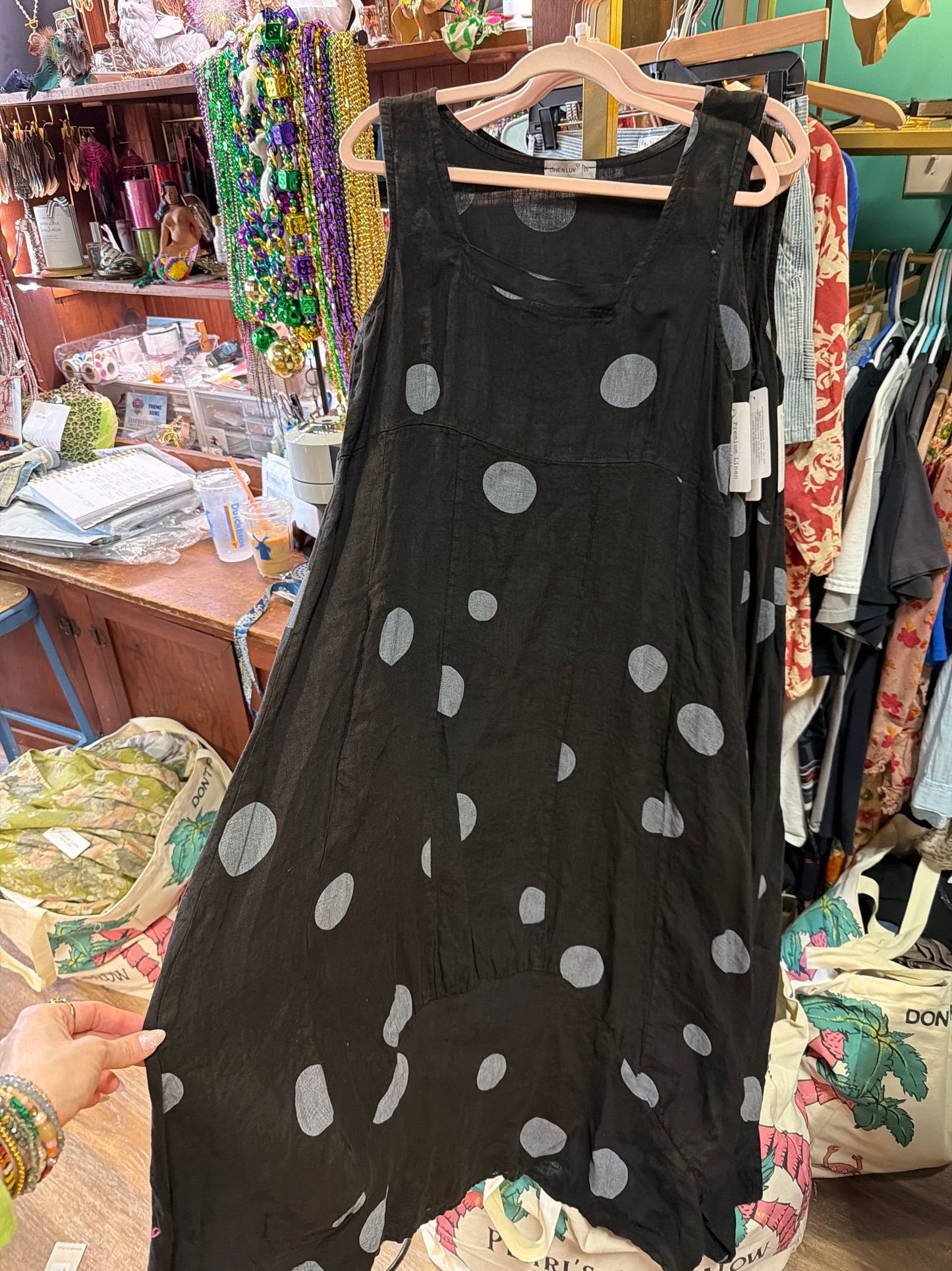 Black and Grey Polka Dot Linen Maxi Dress