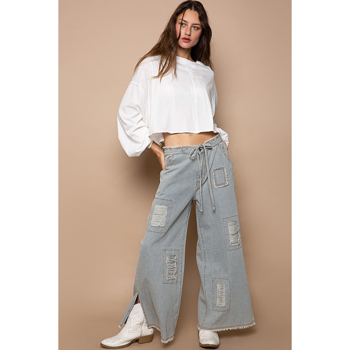 Distressed Lightweight Railroad Stripe Denim Pants w Frayed Edges