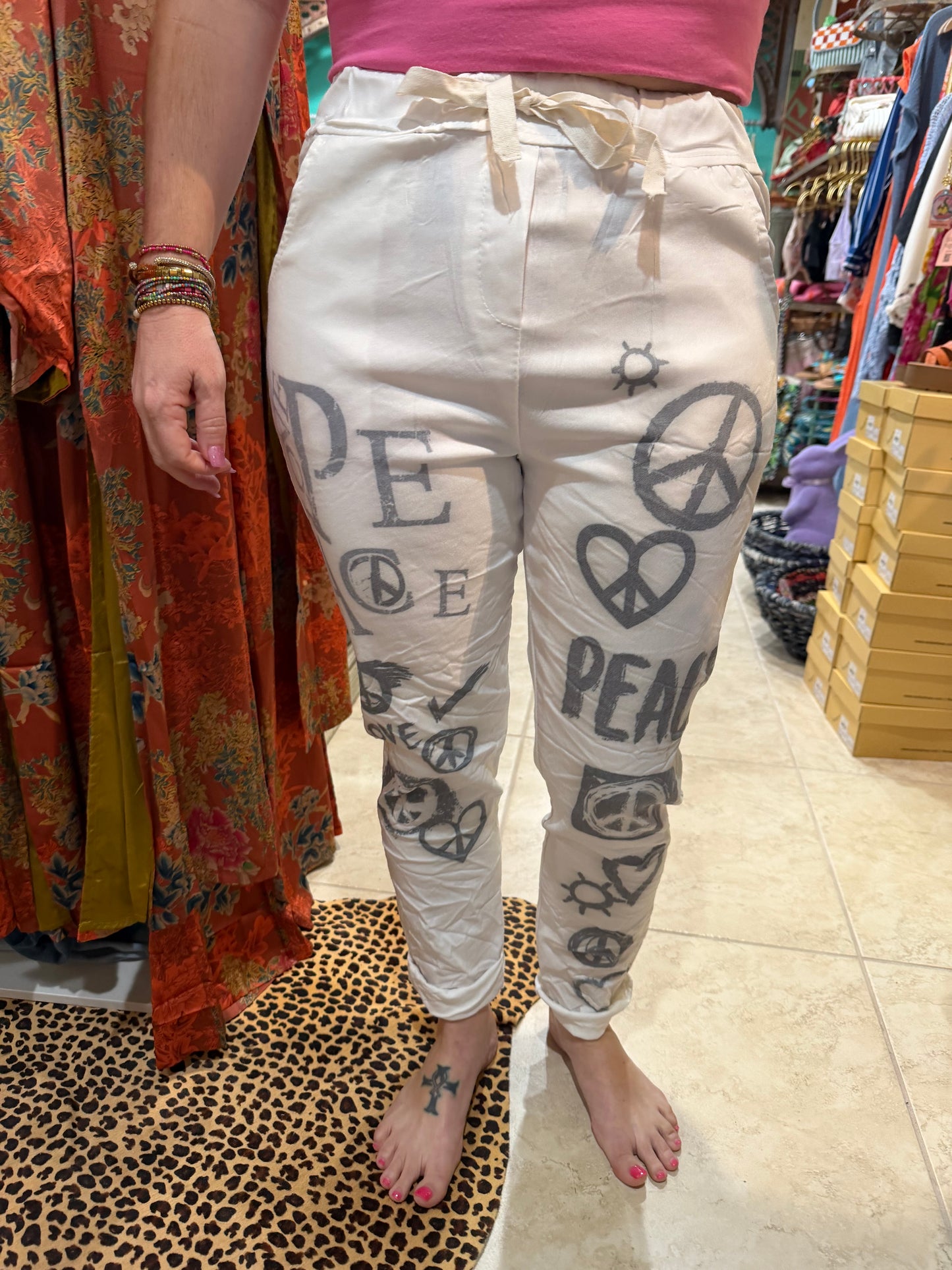 Peace Sign Crinkle Skinny Leg Pants