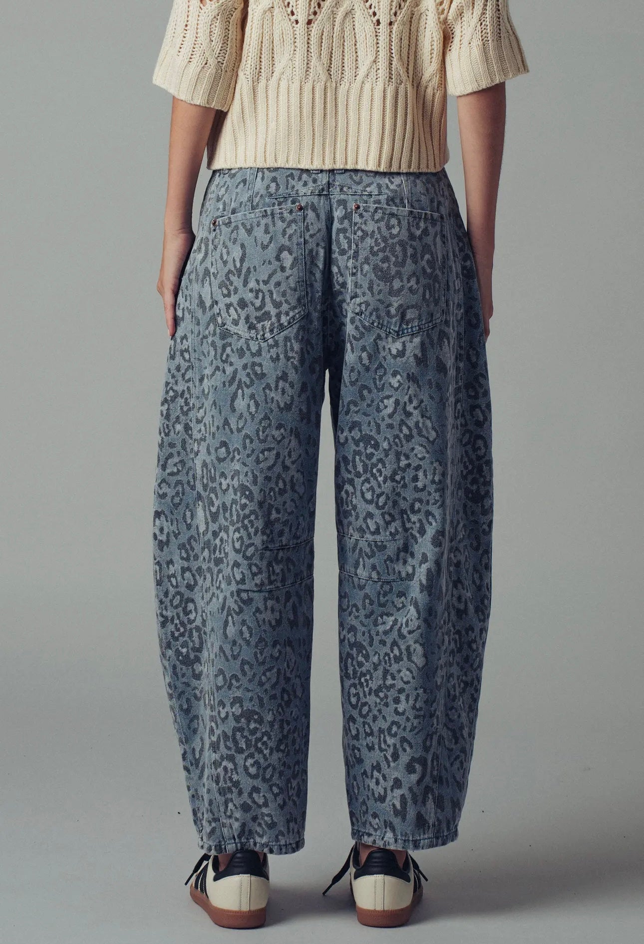 Blue Leopard Print Denim Barrel Jeans
